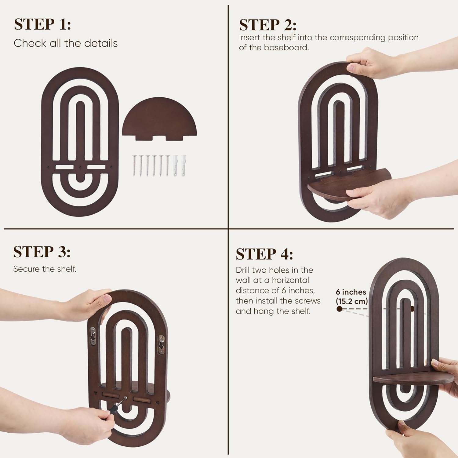 Boho Decor Wall Floating Shelves with Arched Design Set of 2 Dark Brown