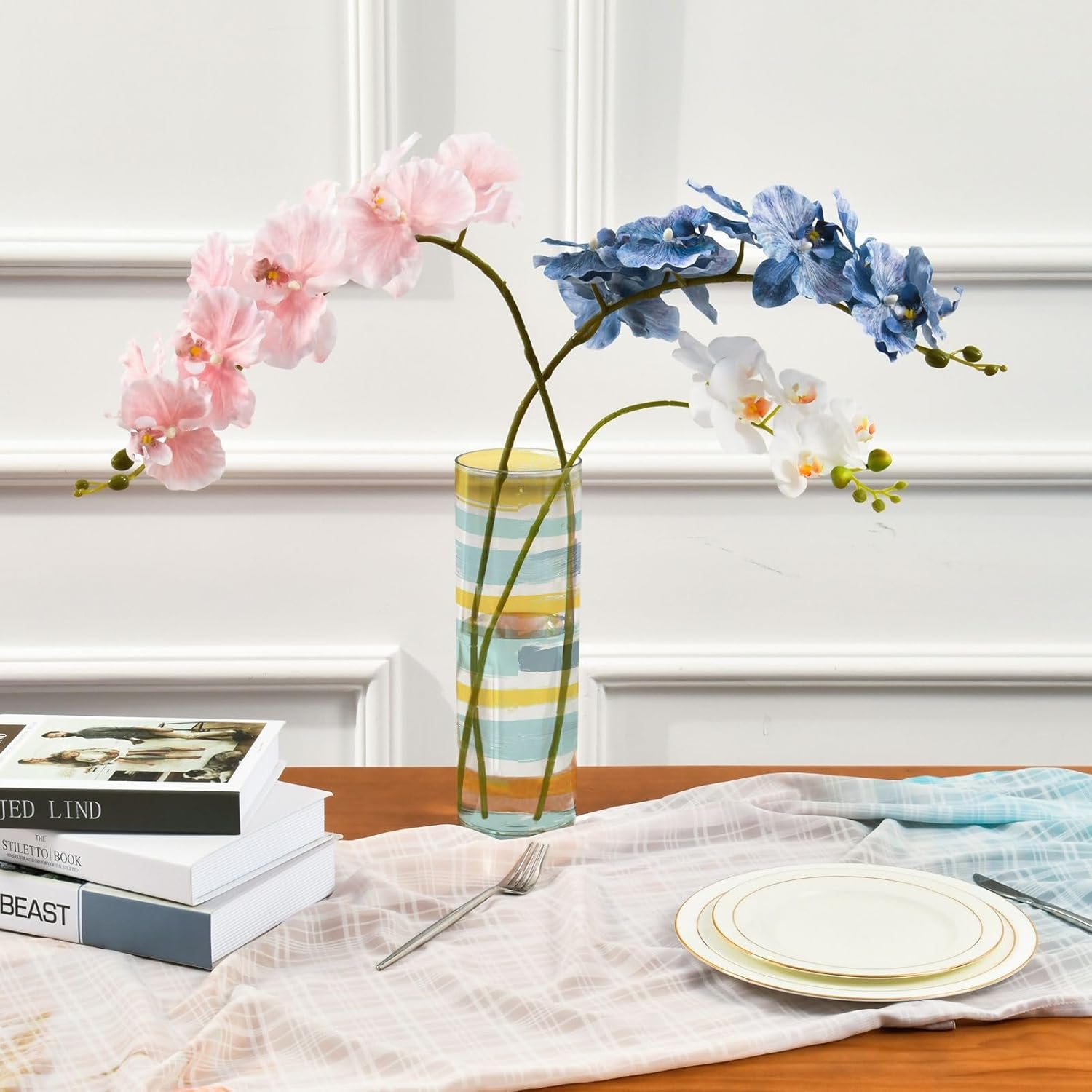 Gray Blue and Pale Yellow Stripe Plastic Flower Vase 118x39 Inch Decor