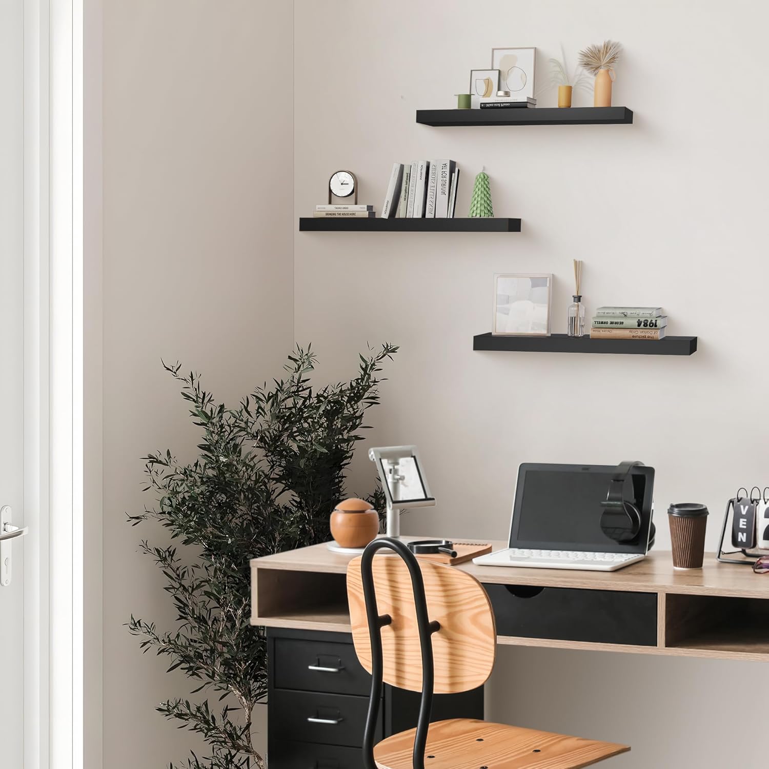 Colima Floating Wall Shelves Set of 3 Black Wood