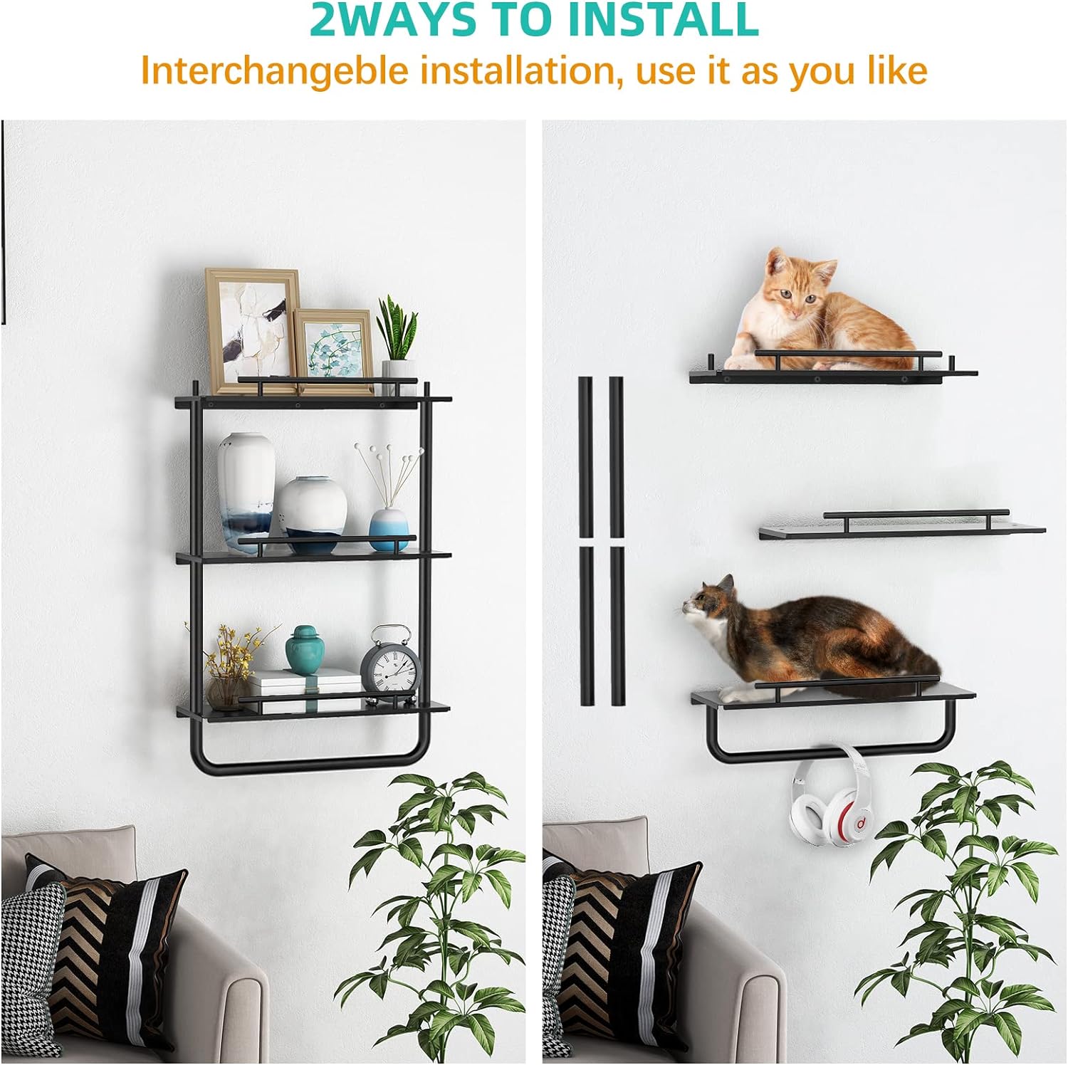 3 Tier Floating Shelves Black with Frame and Towel Rack