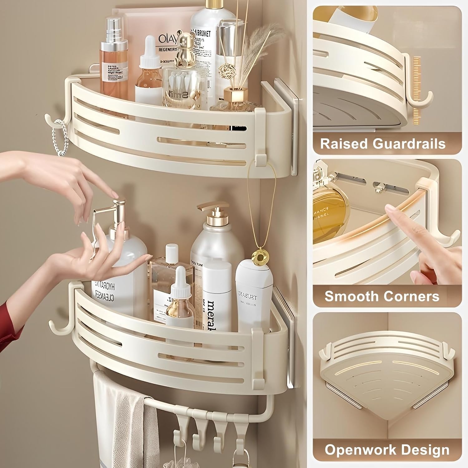 Corner Triangle Shower Shelves with Hooks Rust Resistant Storage Shelf for Bathroom and Kitchen Creamy White