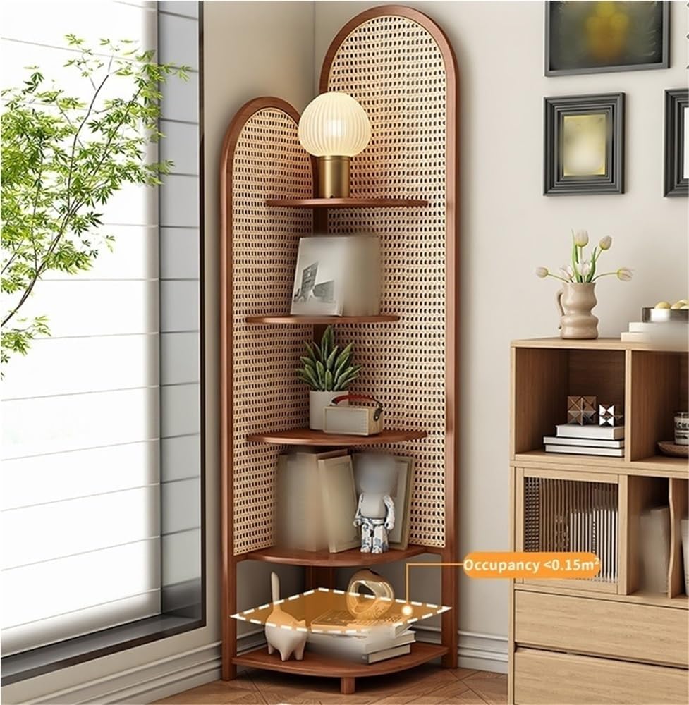5 Tier Rattan Corner Shelf Multi Functional Bookshelf Triangular Living Room Decor