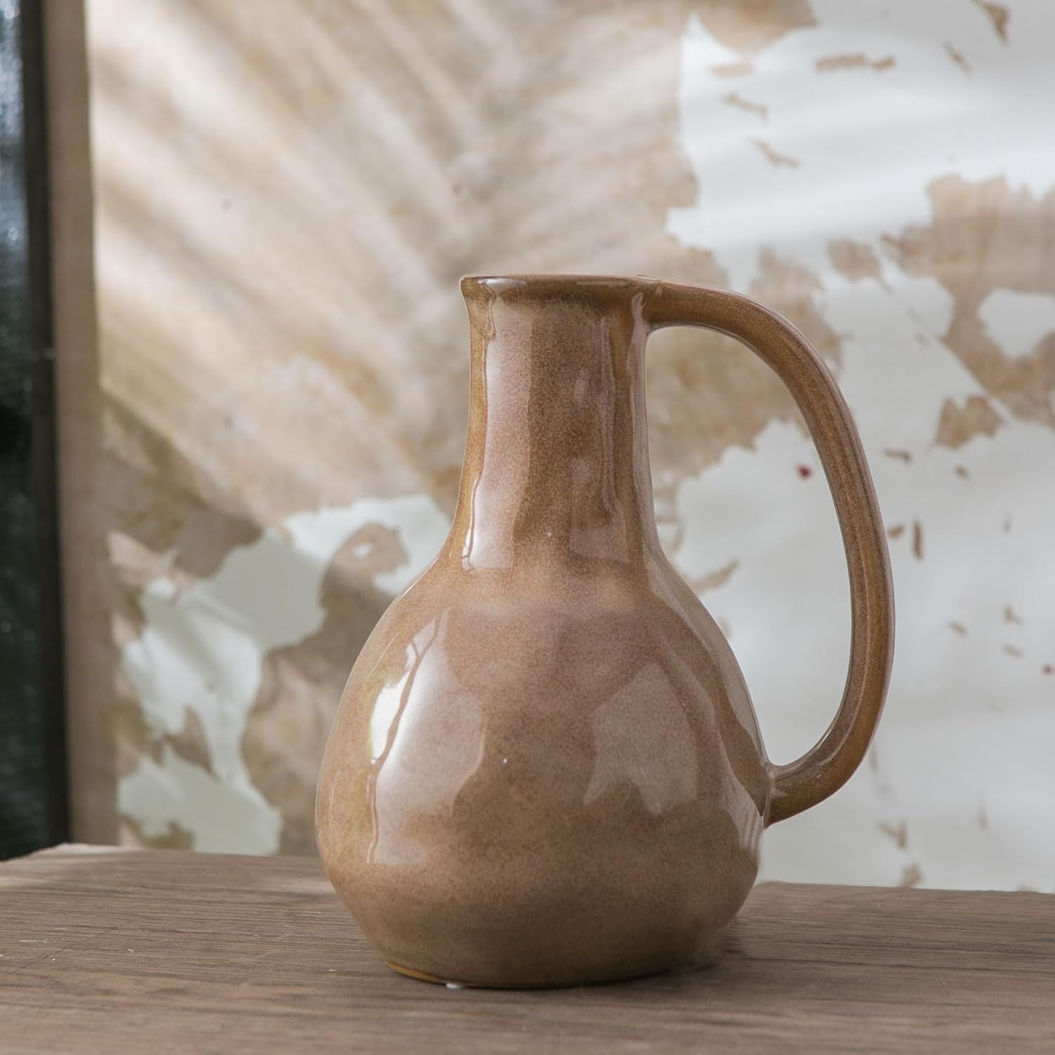 Brown Ceramic Vase with Big Handle Rustic Farmhouse Decor