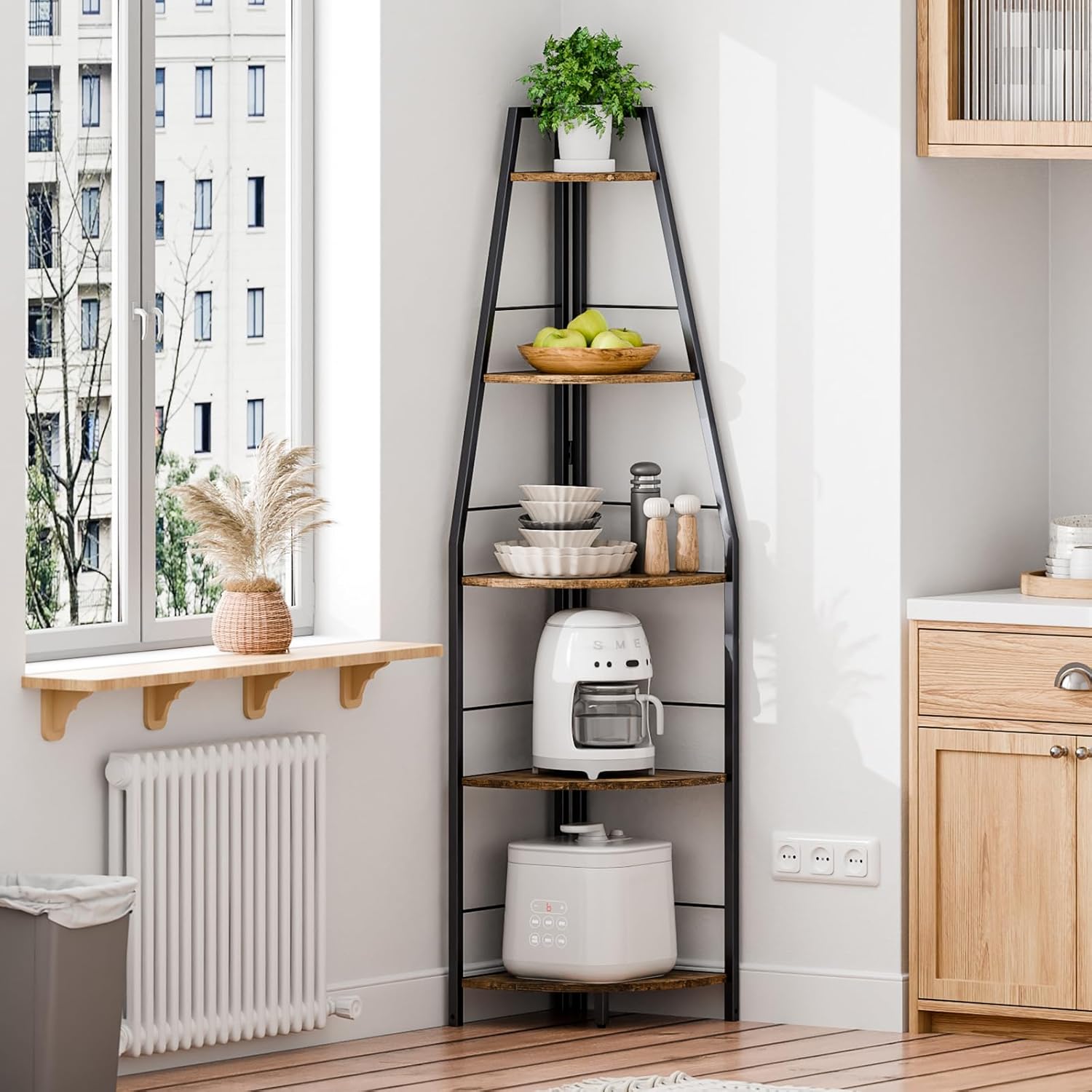 Rustic Tall Corner Ladder Shelf 5 Tier Industrial Bookshelf