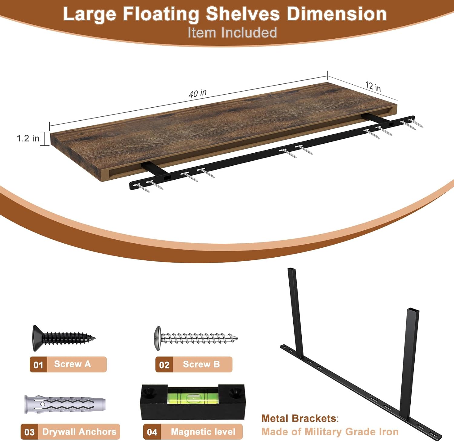 40 Inch Rustic Floating Shelf Large No Drilling