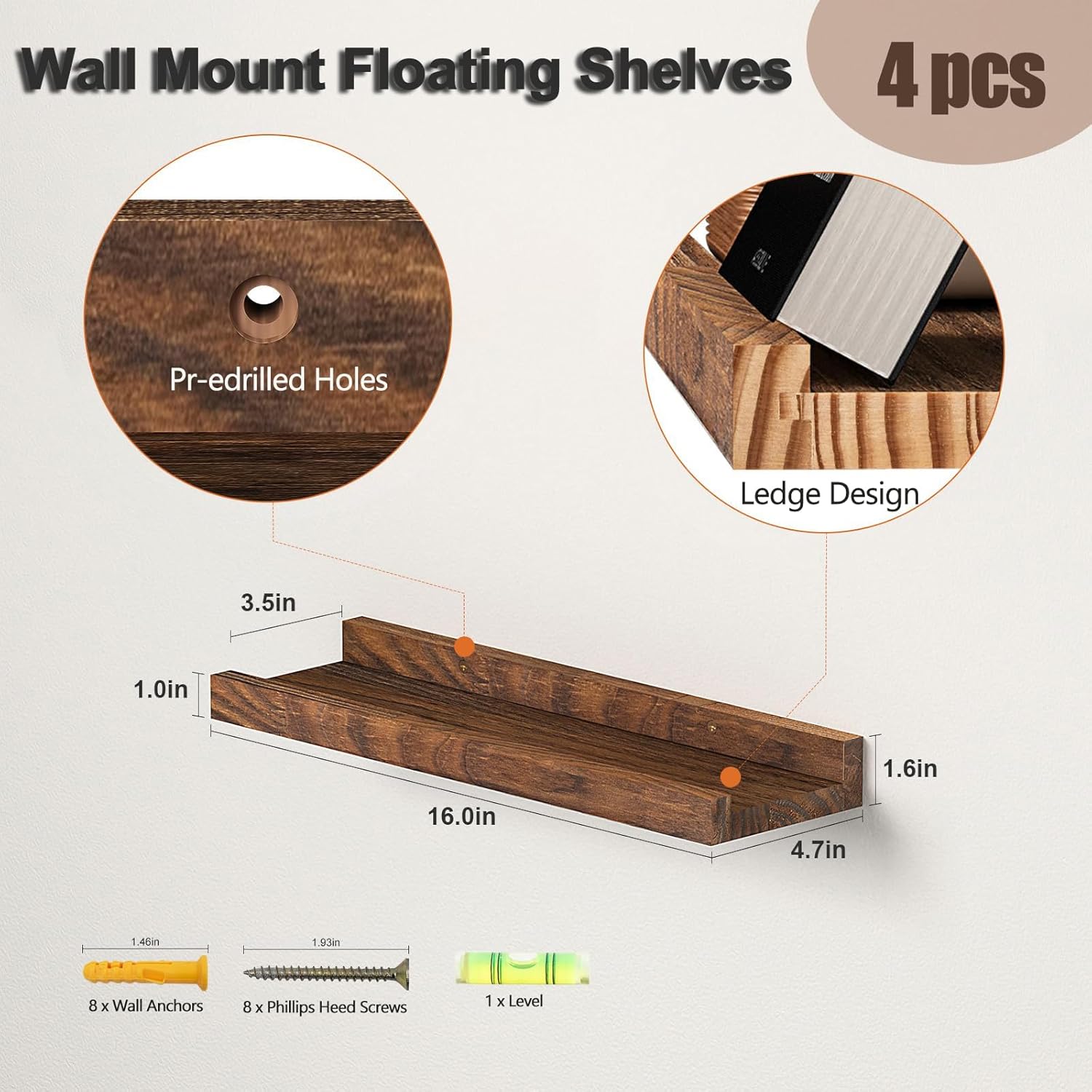Gloserin 16 Inch Wood Floating Shelves Set of 4