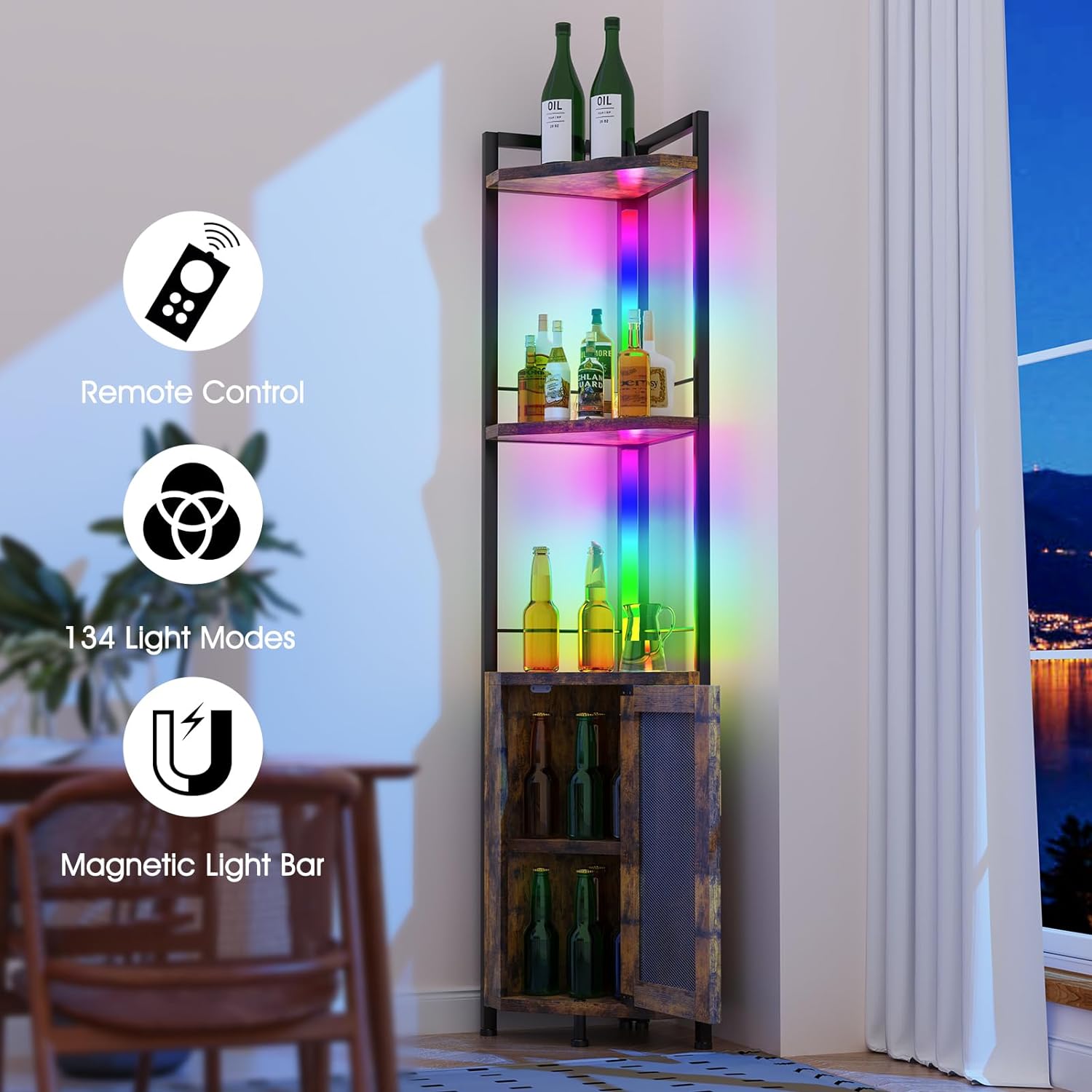 RGB Light Bar Iron Wood Corner Shelf Stand
