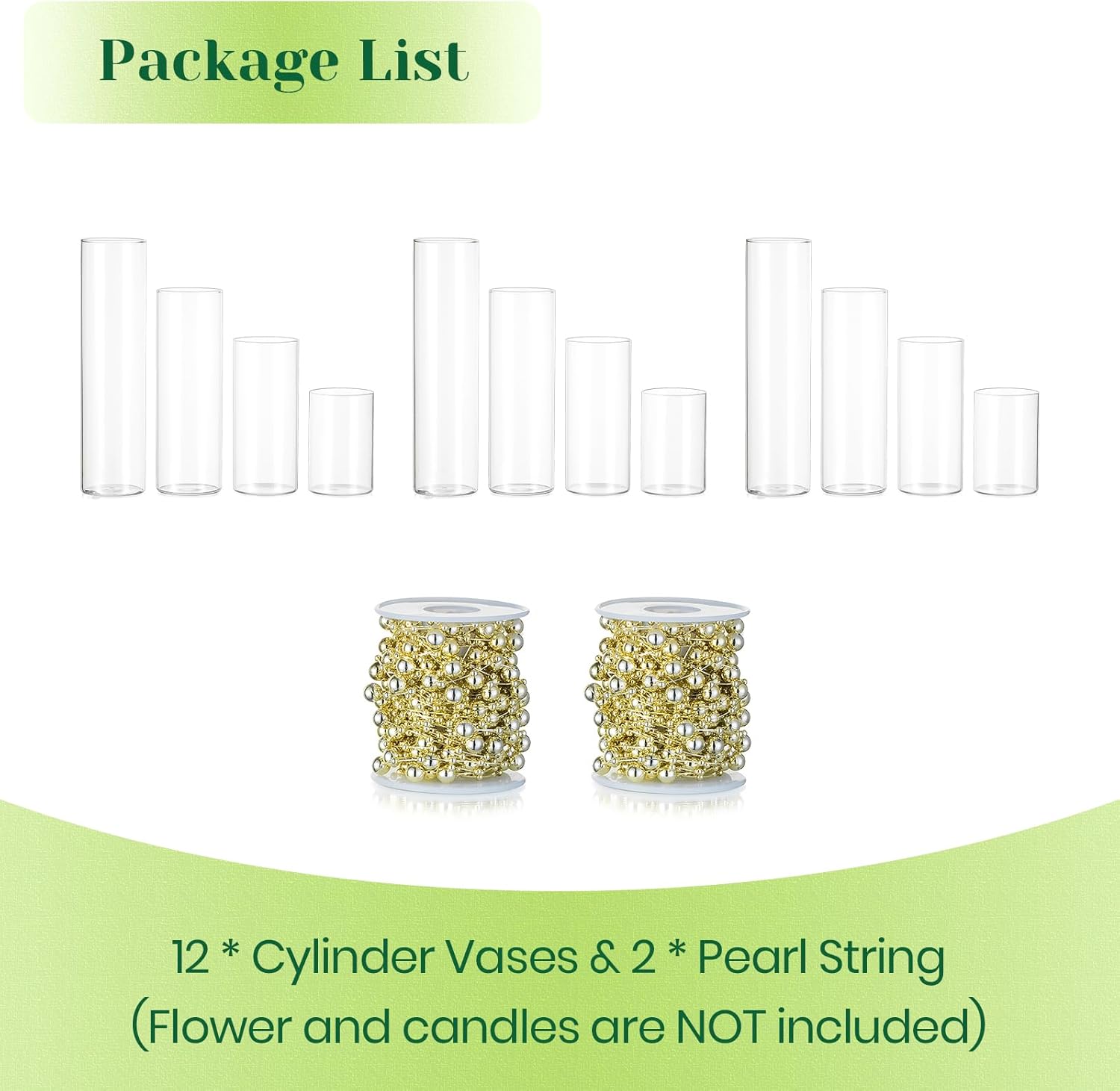 Hewory Clear Glass Cylinder Vases Set of 12 with Pearl String for Centerpieces