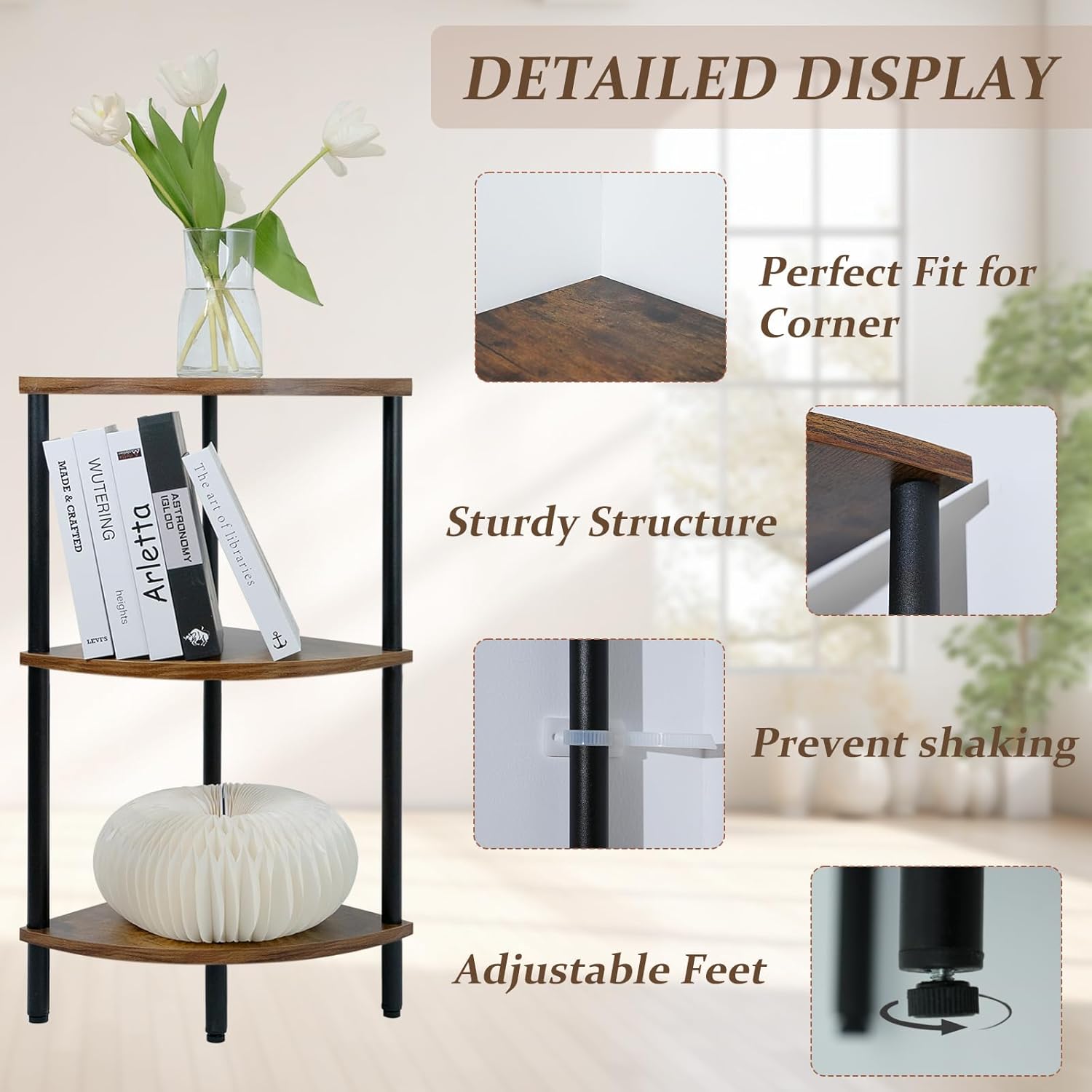 3 Tier Corner Shelf Stand 28 Inch Rustic Industrial Bookshelf for Small Spaces