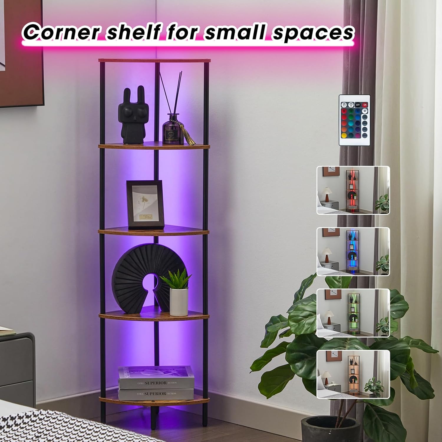5-Tier Corner Bookshelf with LED Light Illumination