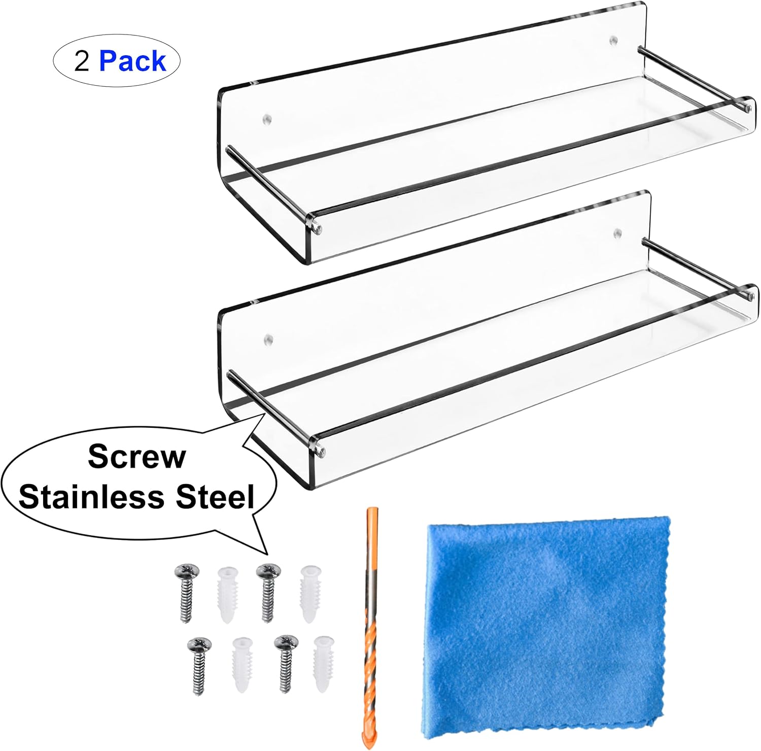 AMT 2 Pack Clear Acrylic Floating Shelves 15x4 Inch