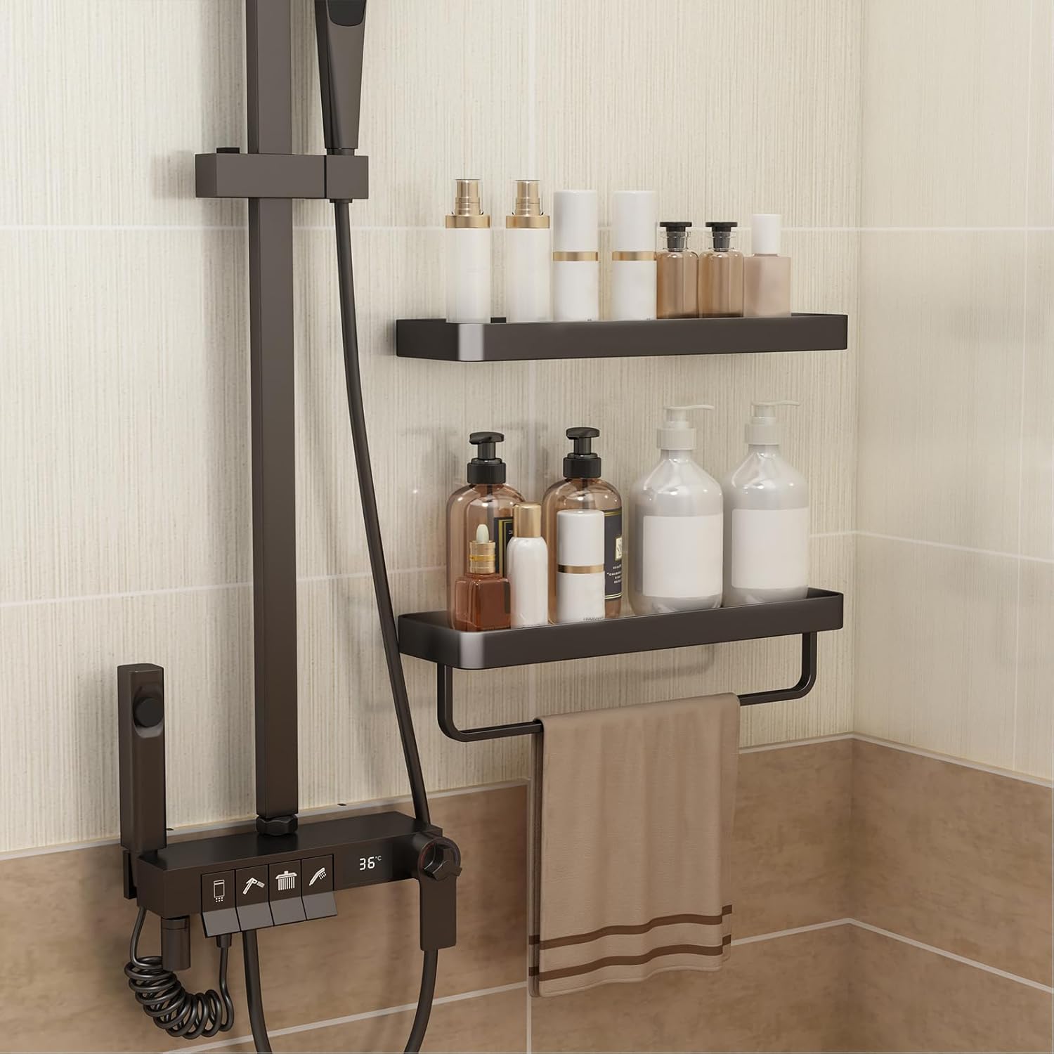 Danpoo 16 Inch Black Floating Bathroom Shelves with Towel Bar and Clear Tempered Glass 2 Pack