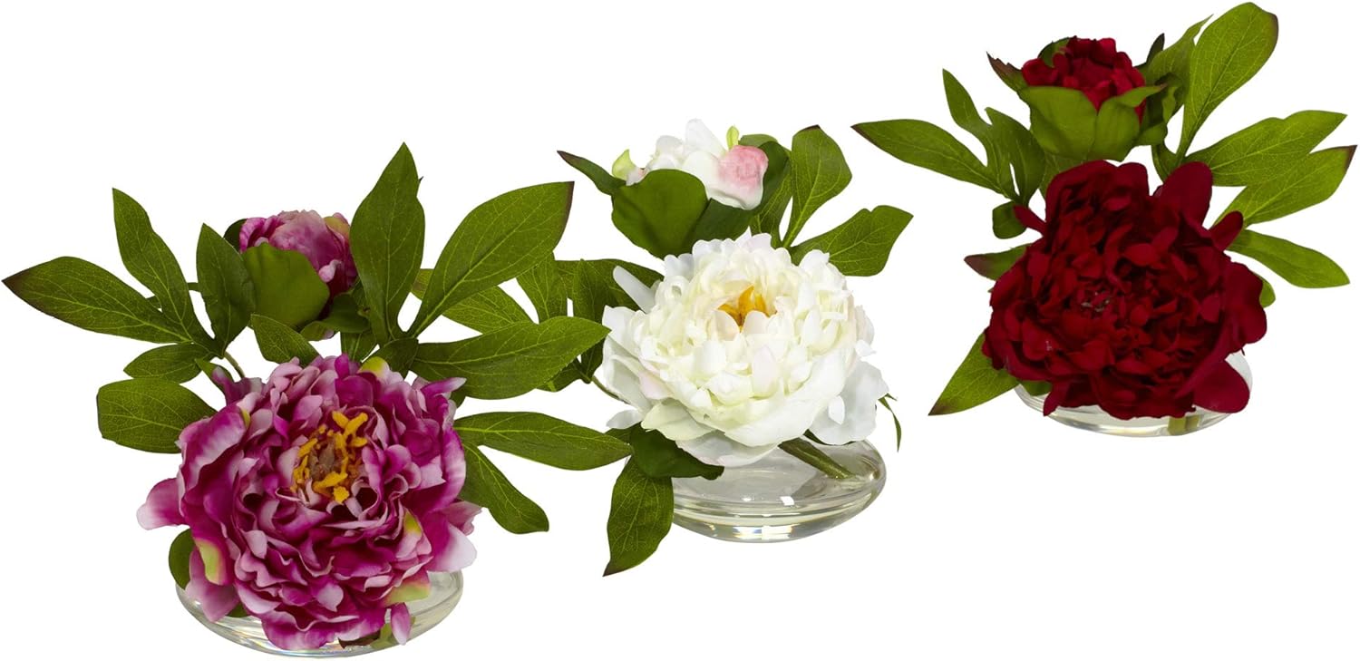 Nearly Natural Peony with Glass Vase Set of 3 1