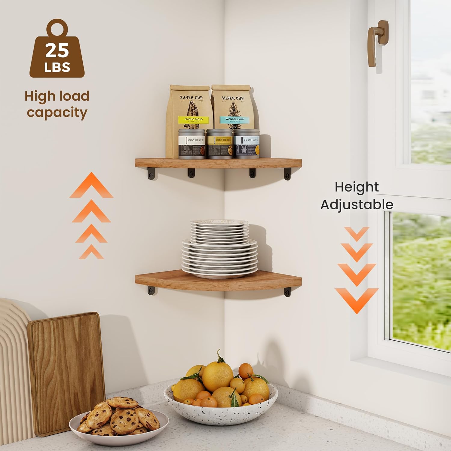 Fun Memories Corner Shelf Wall Mount Solid Oak Floating Shelves with Cable Hole 85in Rustic Design for Home Use