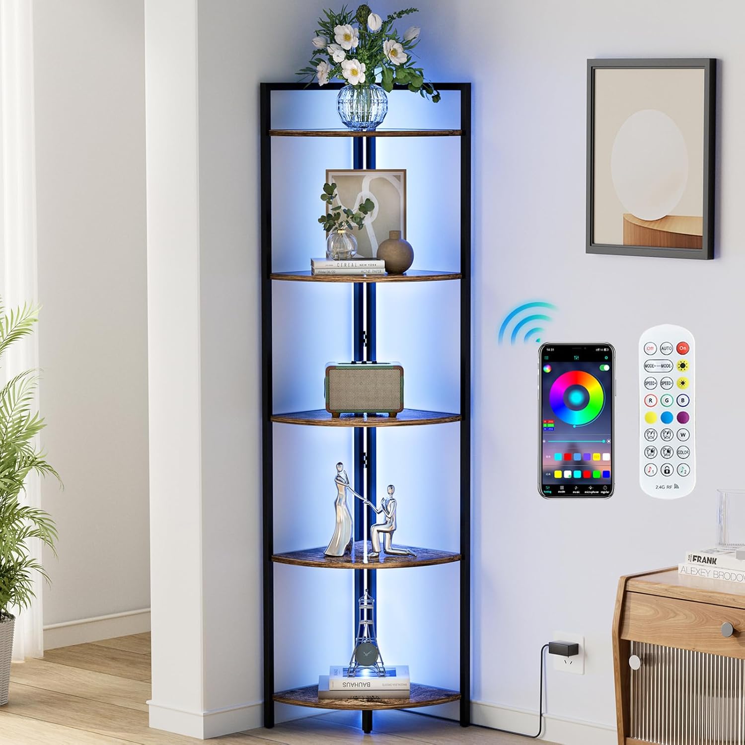 Rustic Brown Corner Shelf with LED Lighting