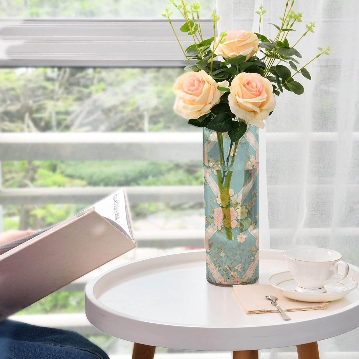 Vintage Pastel Pink Bows Wildflowers Blue Plastic Vase for Centerpieces