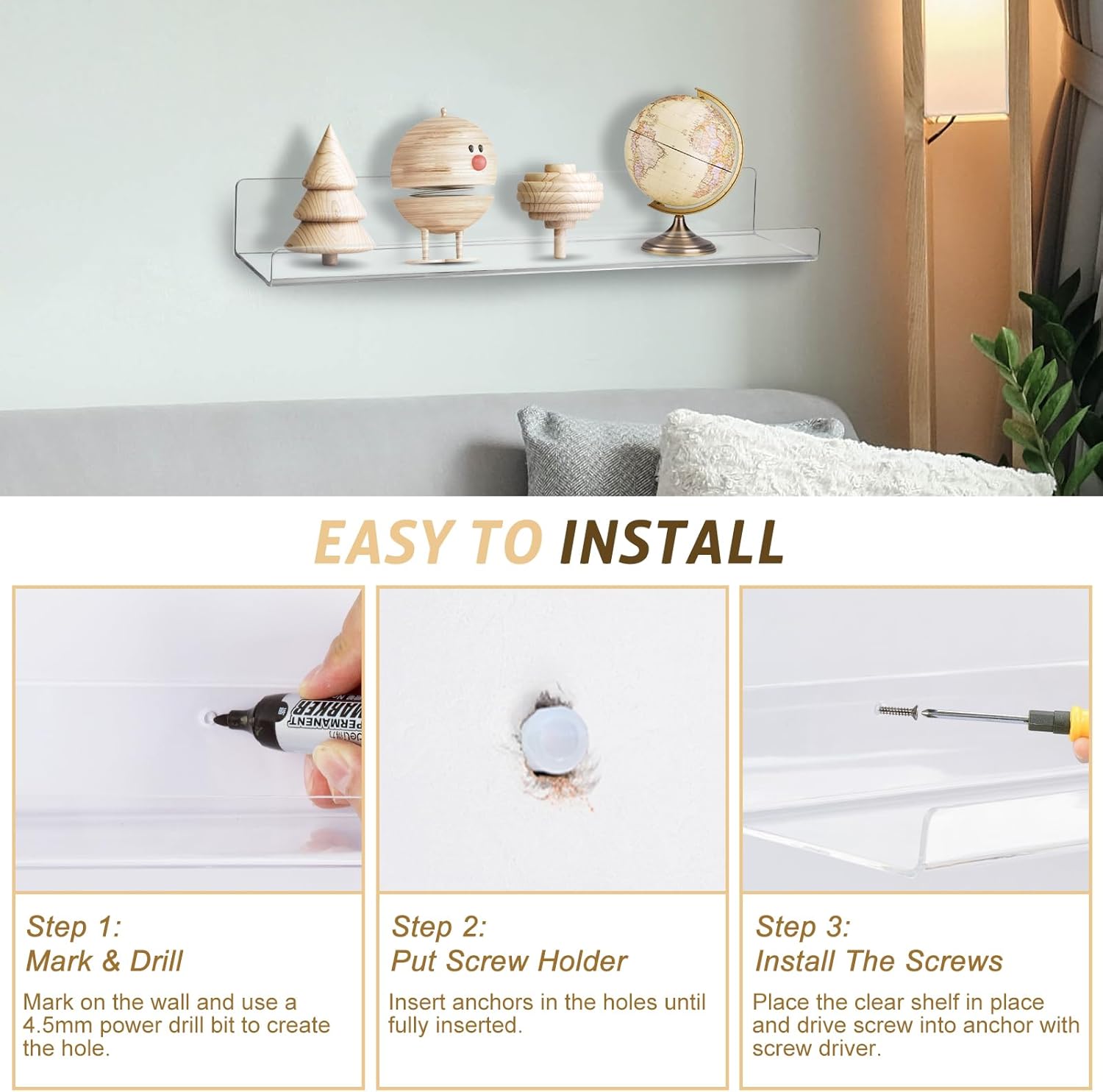 AMEITECH 4 Pack Floating Shelves for Wall Decor Storage