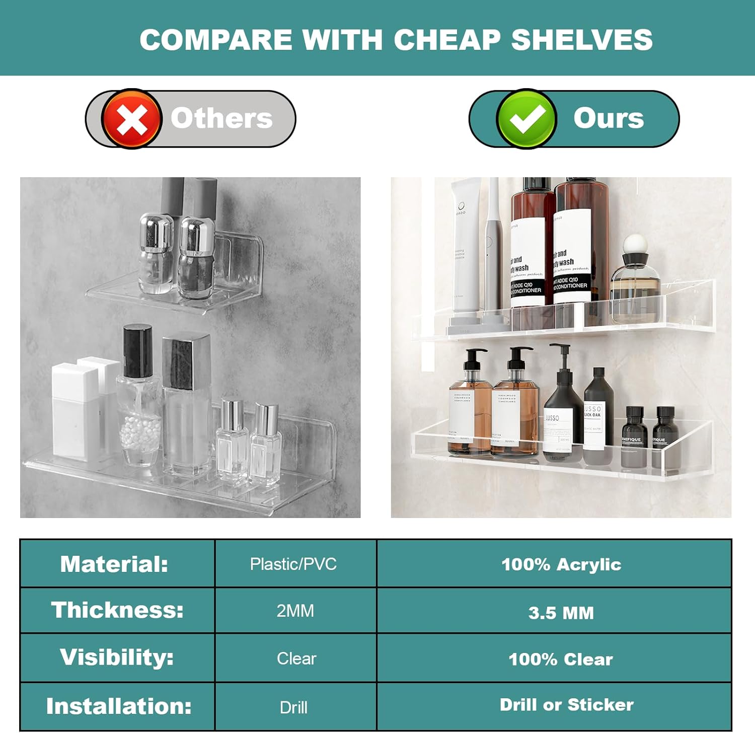 Acrylic Bathroom Shelves 3 PCS Wall Mounted Space Saving Modern Design