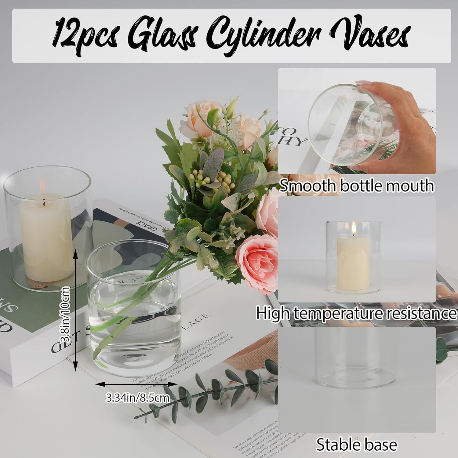 12pcs Clear Glass Cylinder Vases for Centerpieces and Decor