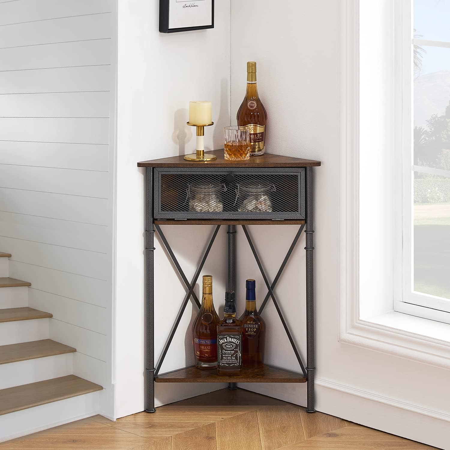 VECELO Corner Table Shelf with 3 Tier Brown Storage