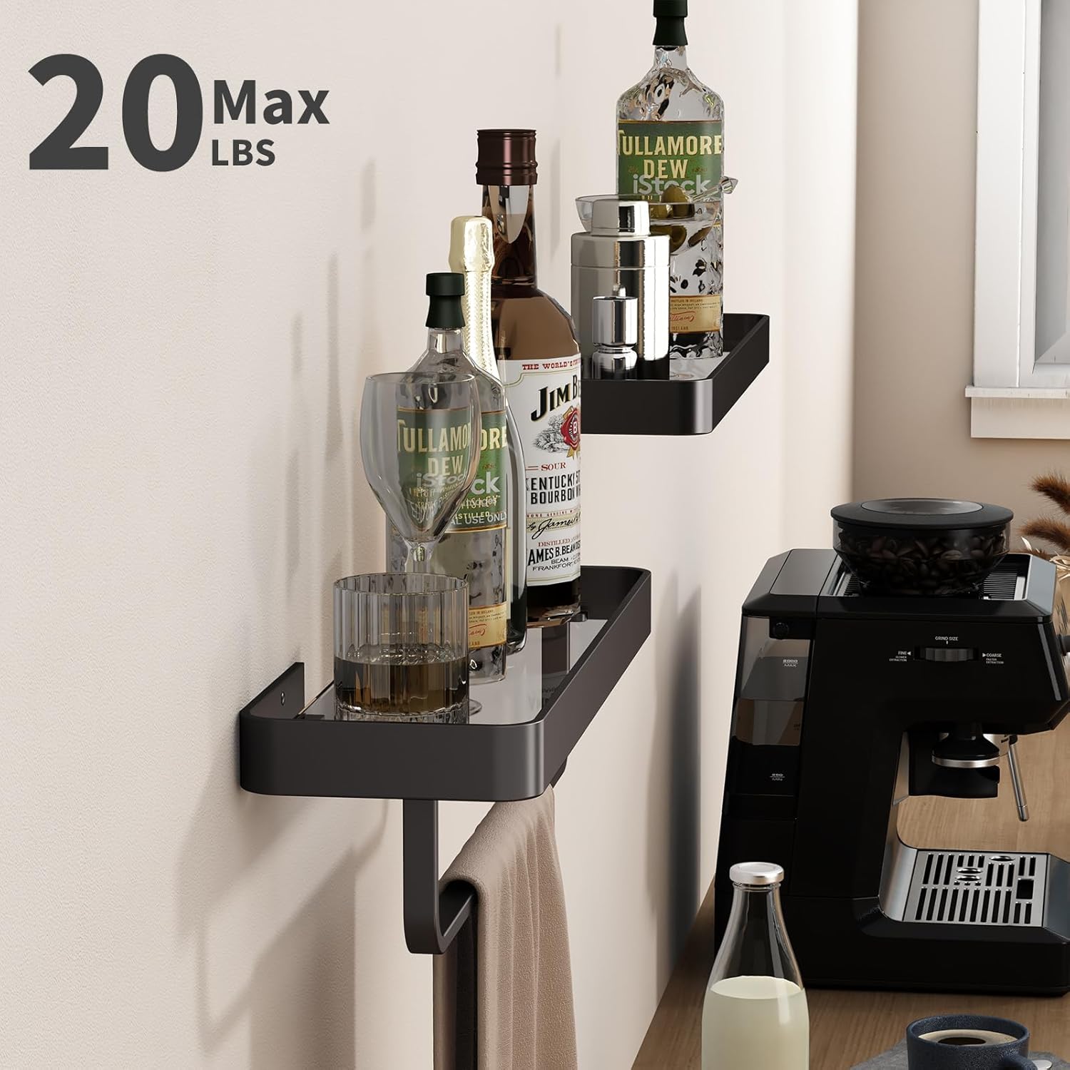 Danpoo 16 Inch Black Floating Bathroom Shelves with Towel Bar and Clear Tempered Glass 2 Pack