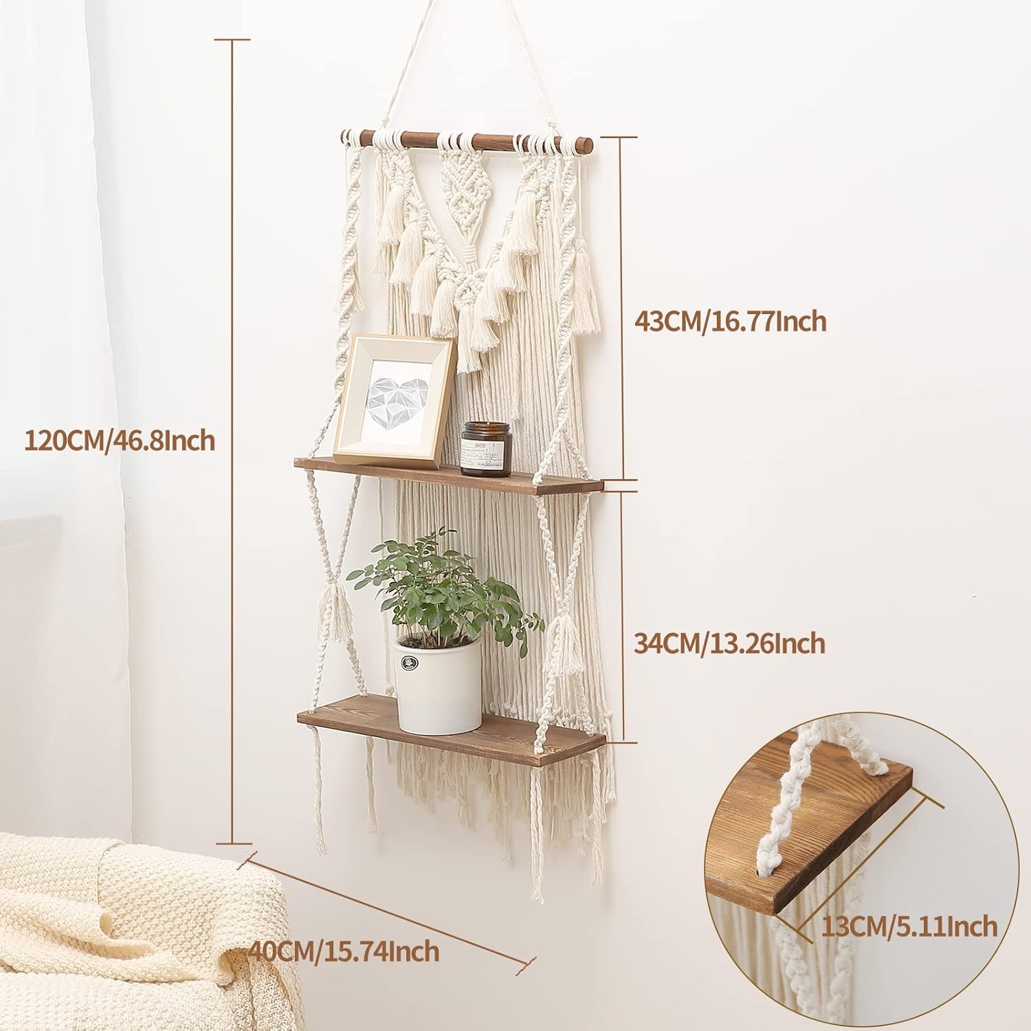 ANROYE 2 Tier Boho Wall Hanging Shelf