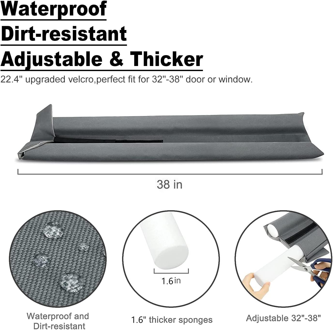 WEXHUG Waterproof Twin Door Draft Stopper Adjustable Size 30 to 36 Gray