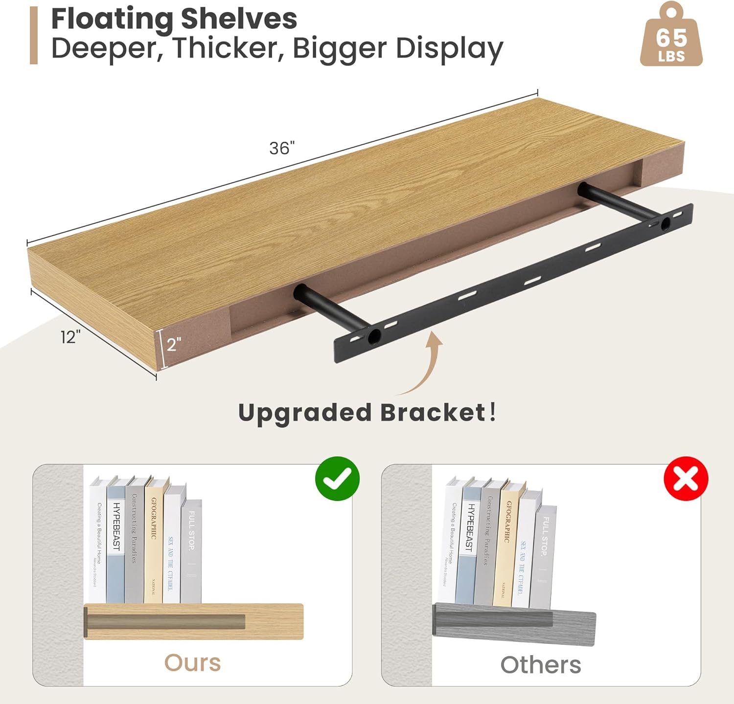 12 Inch Deep Floating Shelves with Invisible Brackets Oak 2 Pack