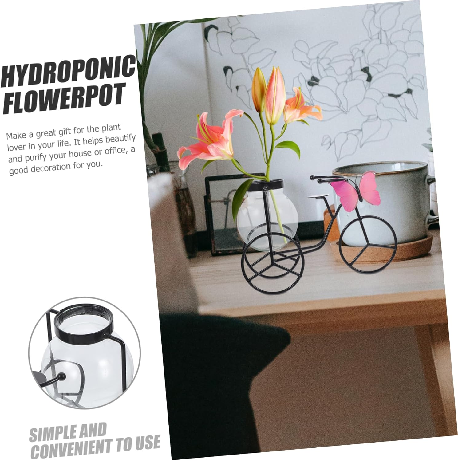Modern Decorative Pedicab Glass Vase Wrought Iron Flower Pot