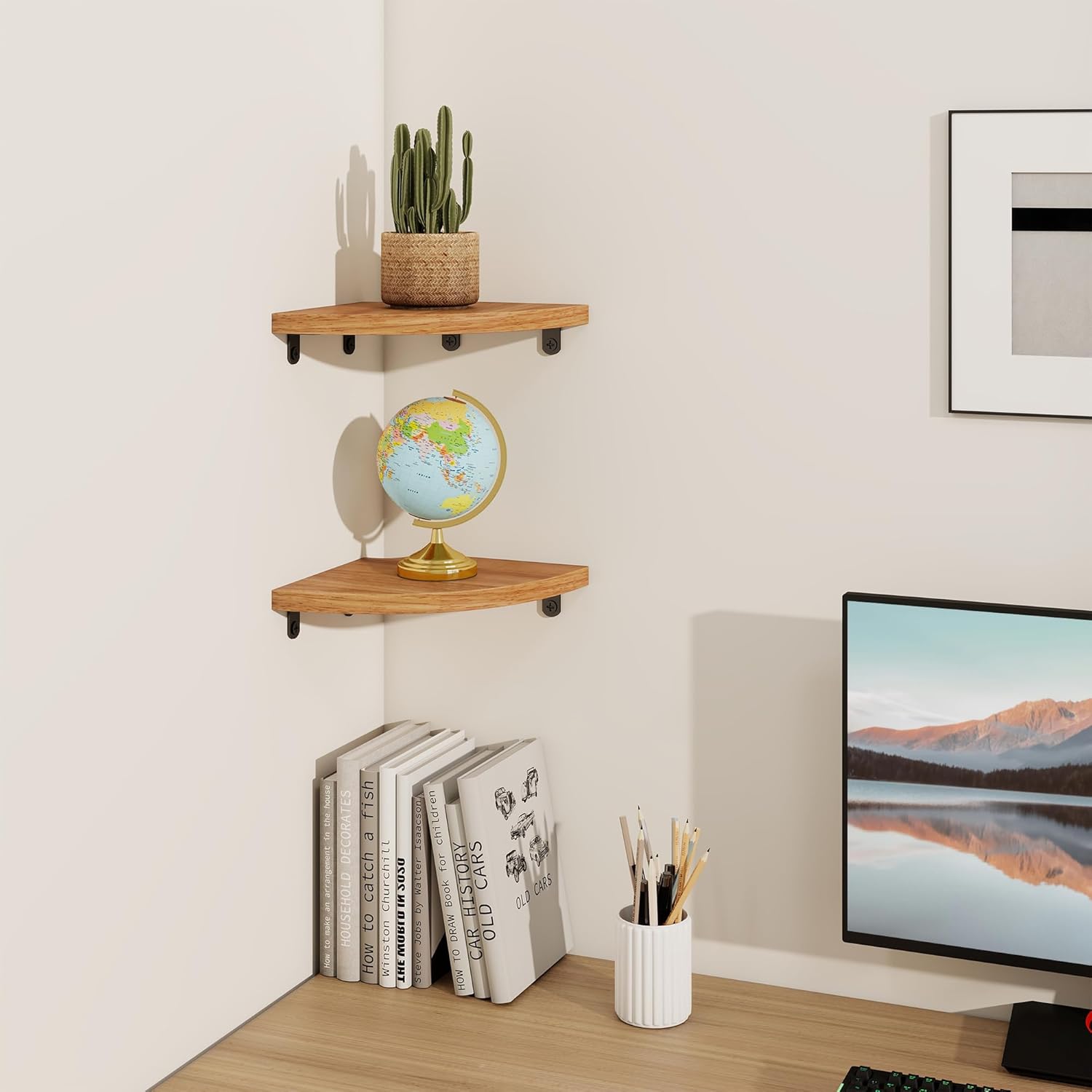 Fun Memories Corner Shelf Wall Mount Solid Oak Wood Floating Shelves with Cable Hole 7in Rustic Design for Home