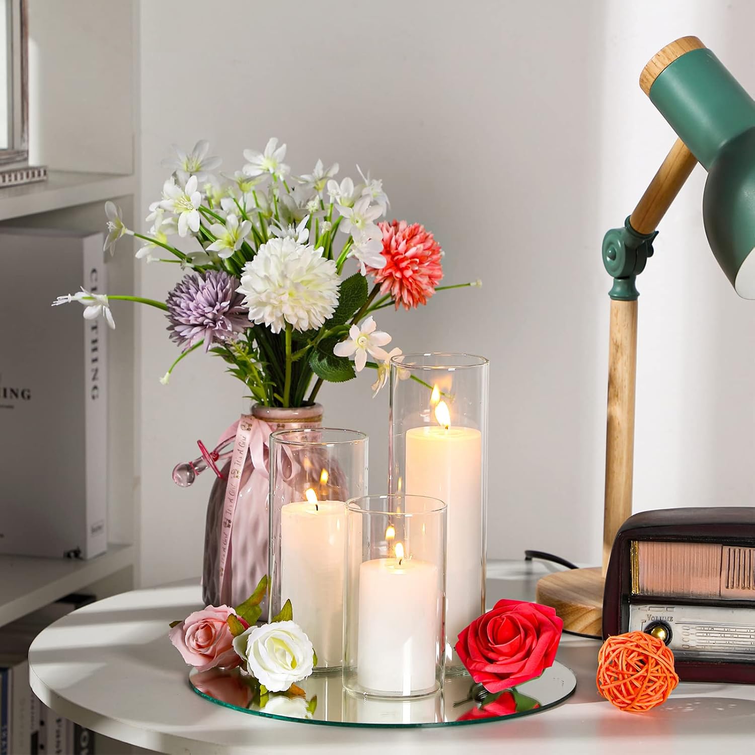 48 Pcs Clear Glass Cylinder Vases with Floating Candle Holders for Home Office Decor and Wedding Events