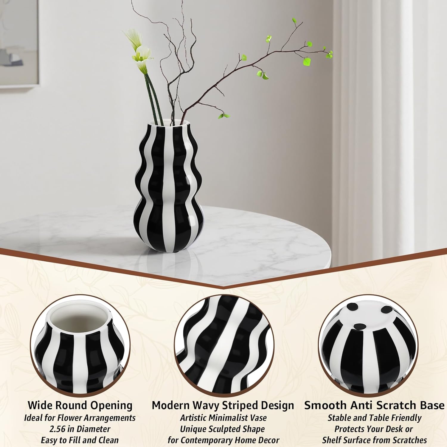 Black and White Ceramic Vase 866 in Tall Modern Striped Centerpiece