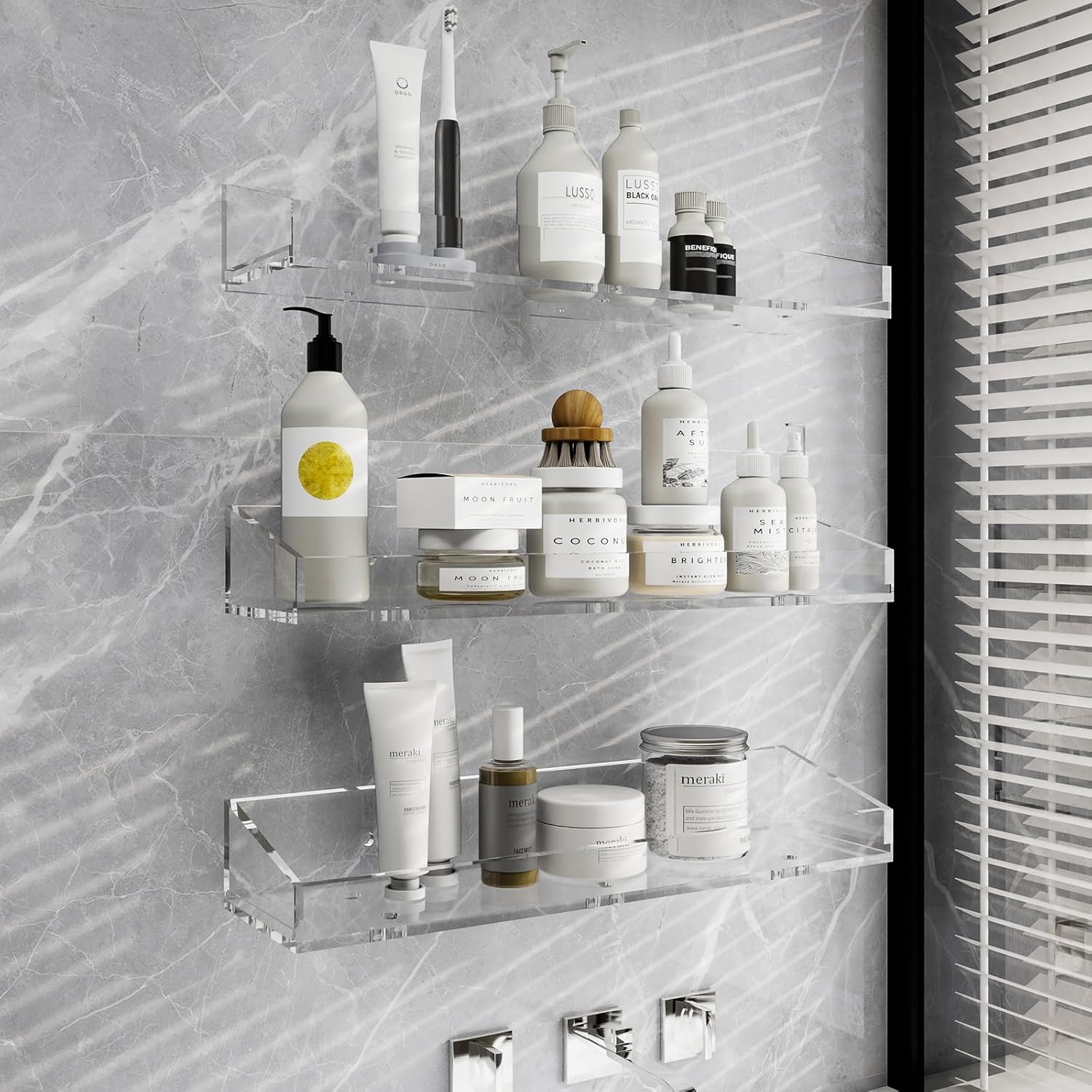 Acrylic Bathroom Shelves 3 PCS Wall Mounted Space Saving Modern Design