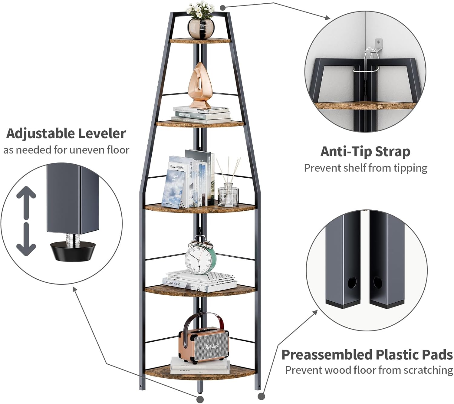Rustic Tall Corner Ladder Shelf 5 Tier Industrial Bookshelf