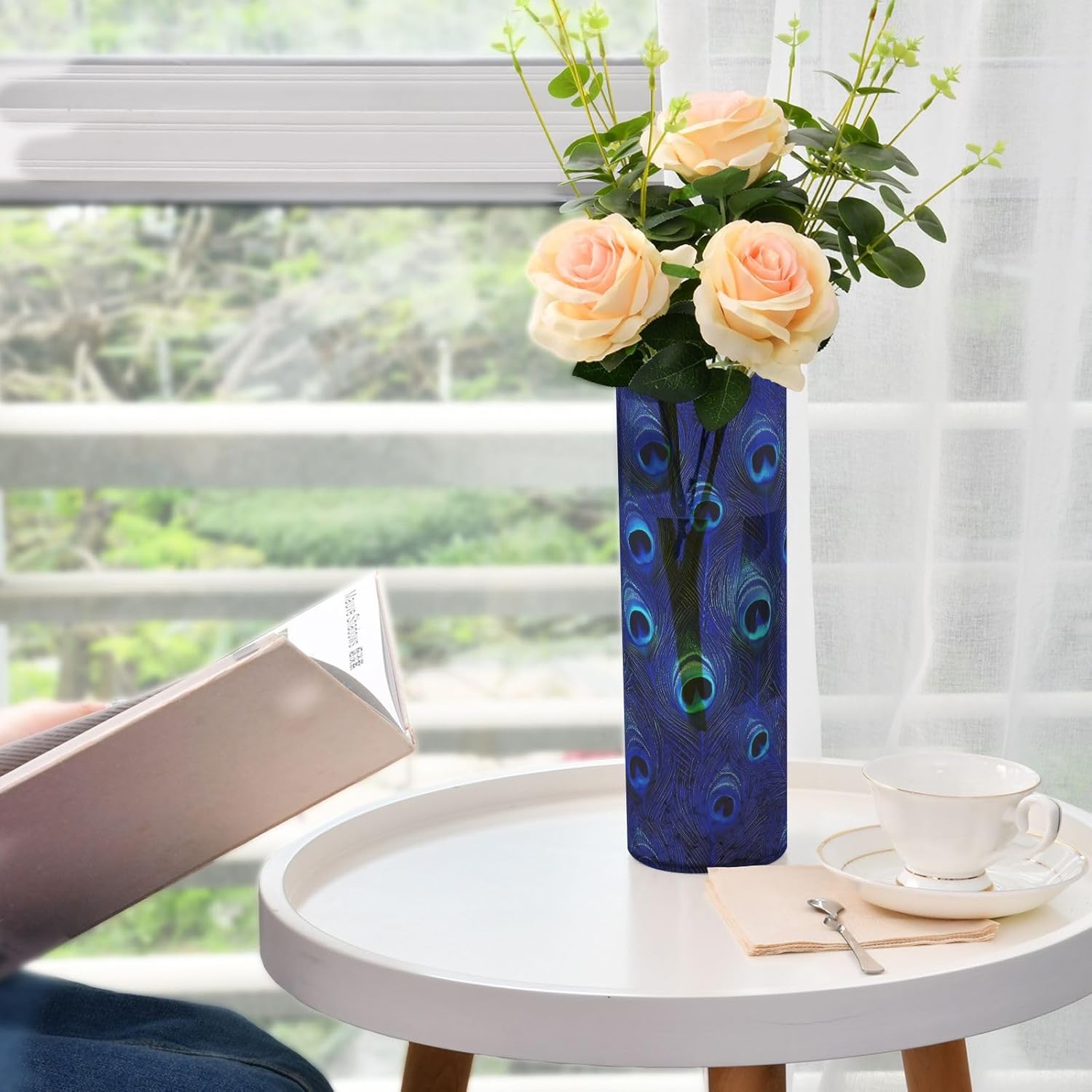 Blue Peacock Feathers Plastic Cylinder Vase 118 x 39 Inch