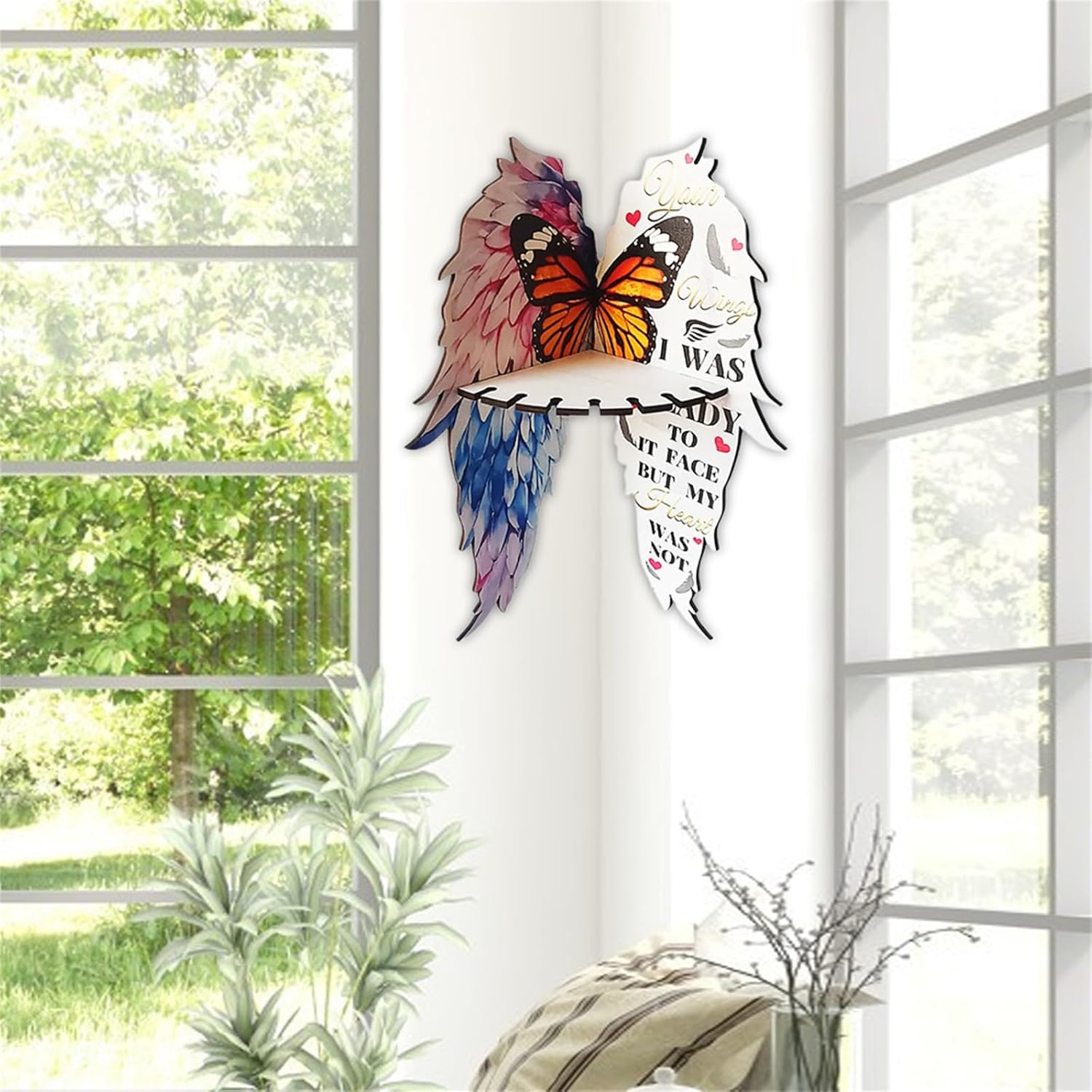 Wooden Floating Corner Shelf with Butterfly Design