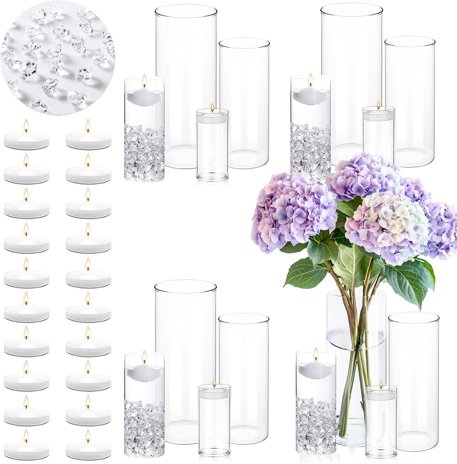 20 White Floating Candles and 16 Glass Vases Centerpiece Set