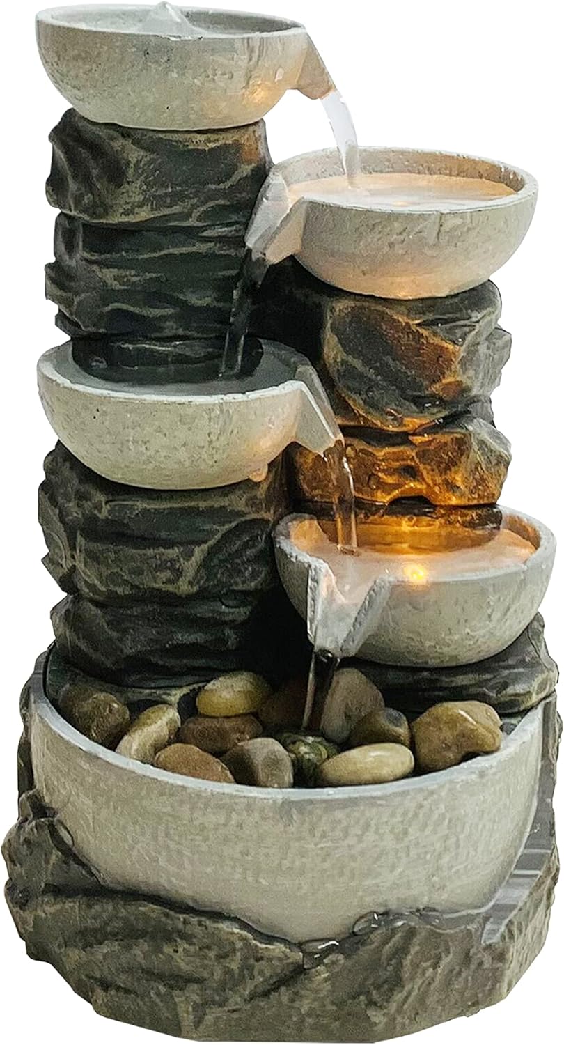 Natures Mark 9 Inch 5 Tiered Rock Bowl Water Fountain with LED Lights