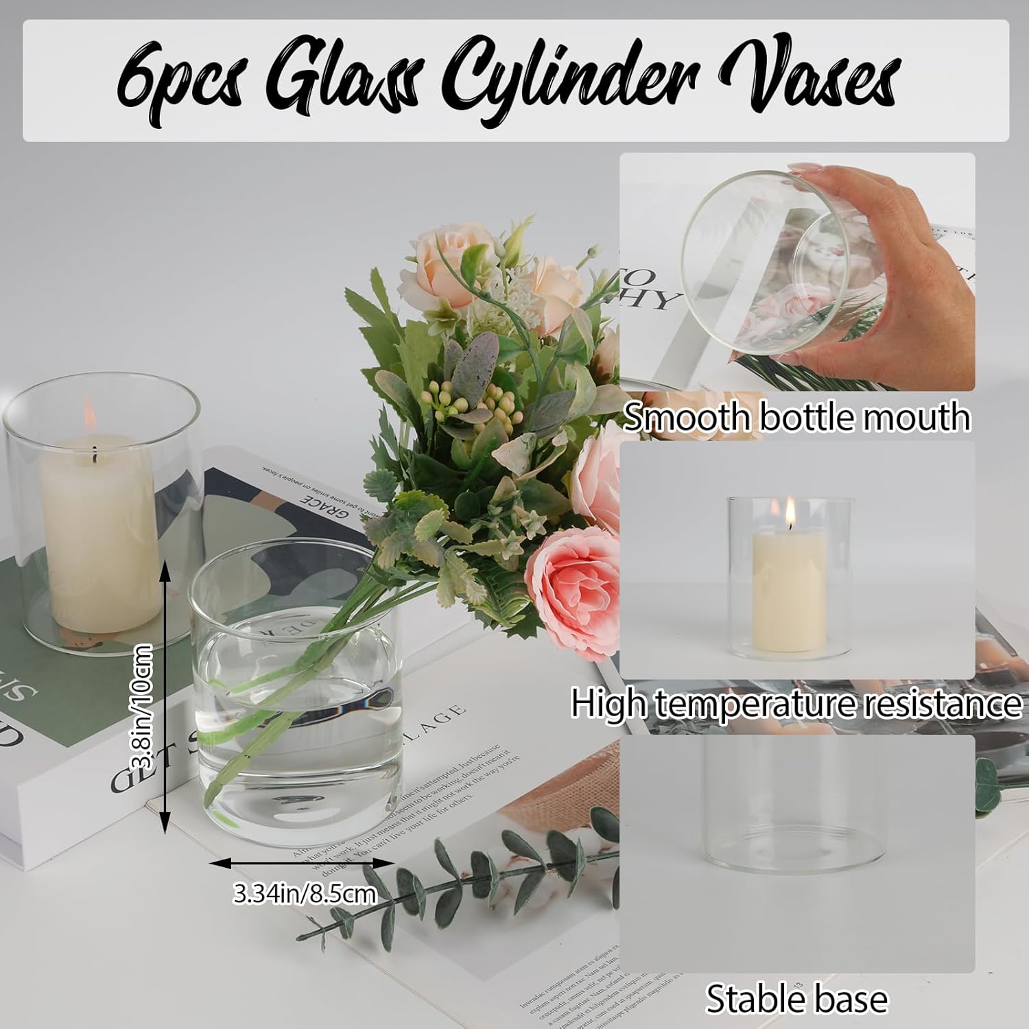 6pcs Clear Glass Cylinder Vases for Centerpieces