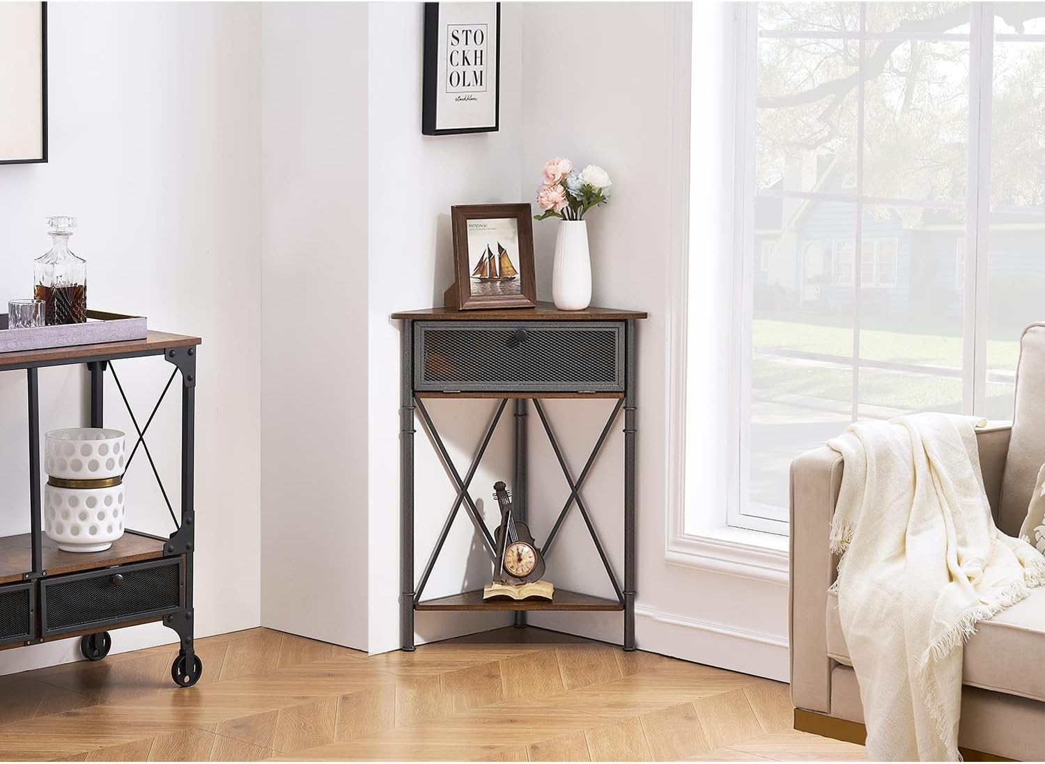 VECELO Corner Table Shelf with 3 Tier Brown Storage
