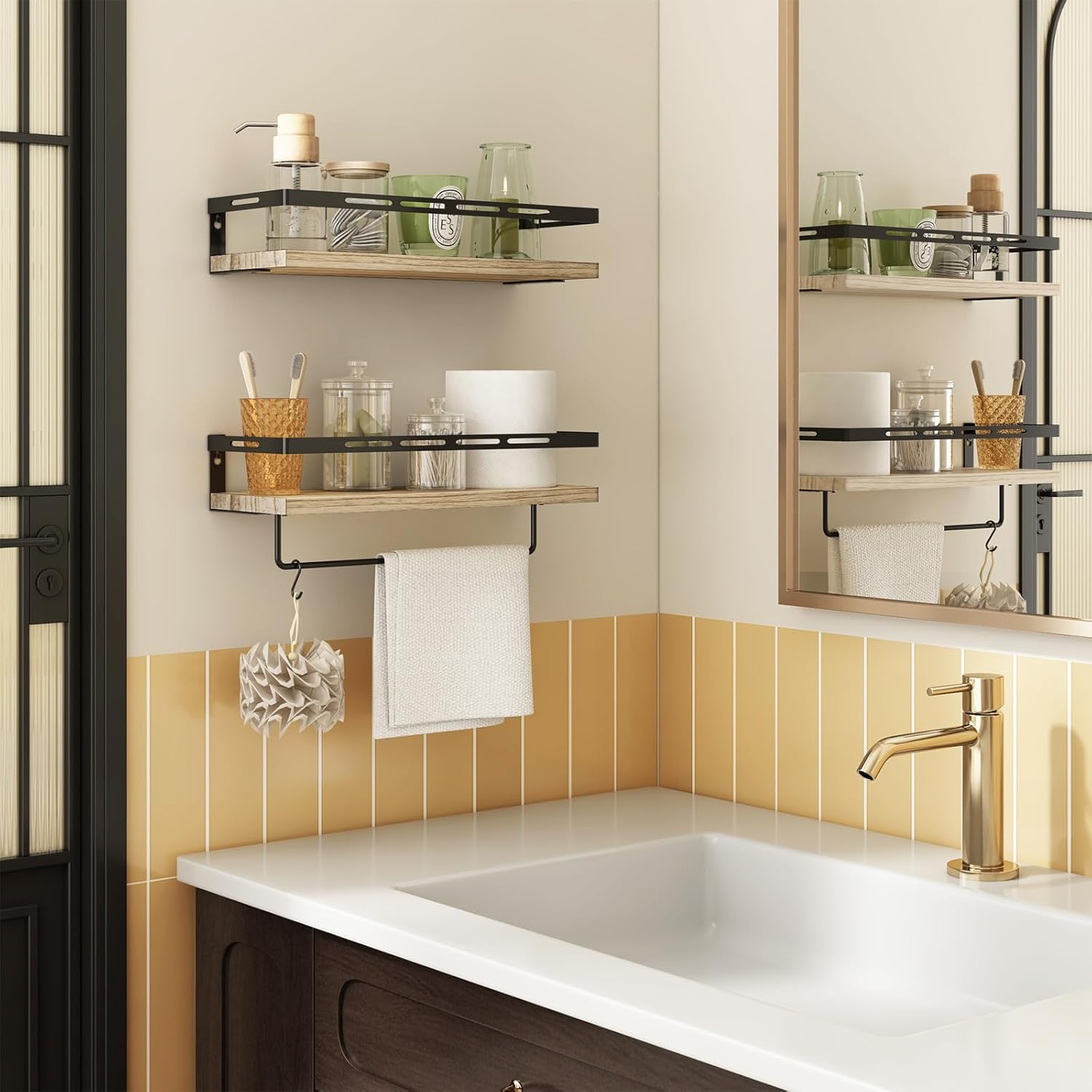 YGEOMER Floating Shelves Bathroom Organizer Over Toilet Wall Mount Rustic Brown Black
