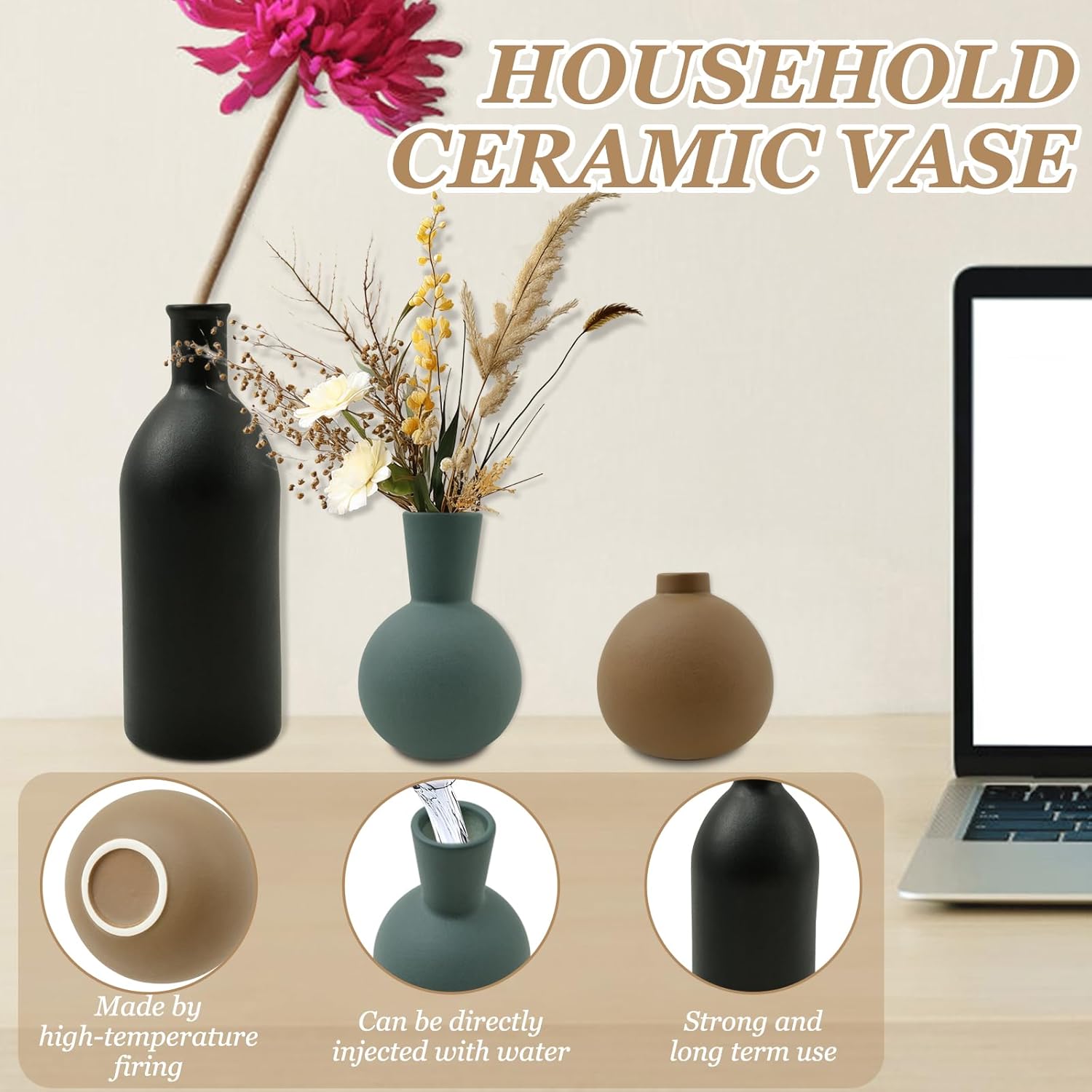 3Pcs Creative Ceramic Flower Vase Set for Home Decor