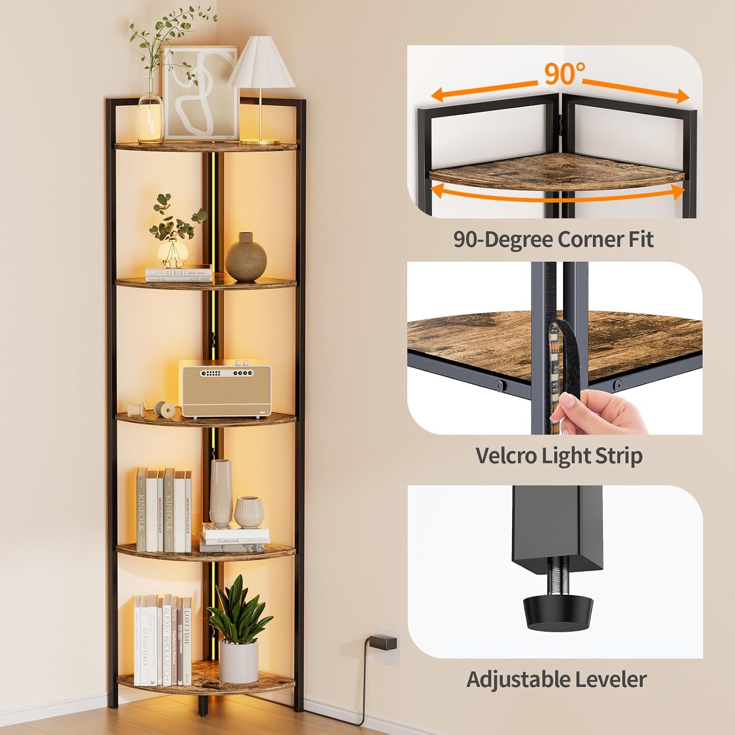 Rustic Brown Corner Shelf with LED Lighting