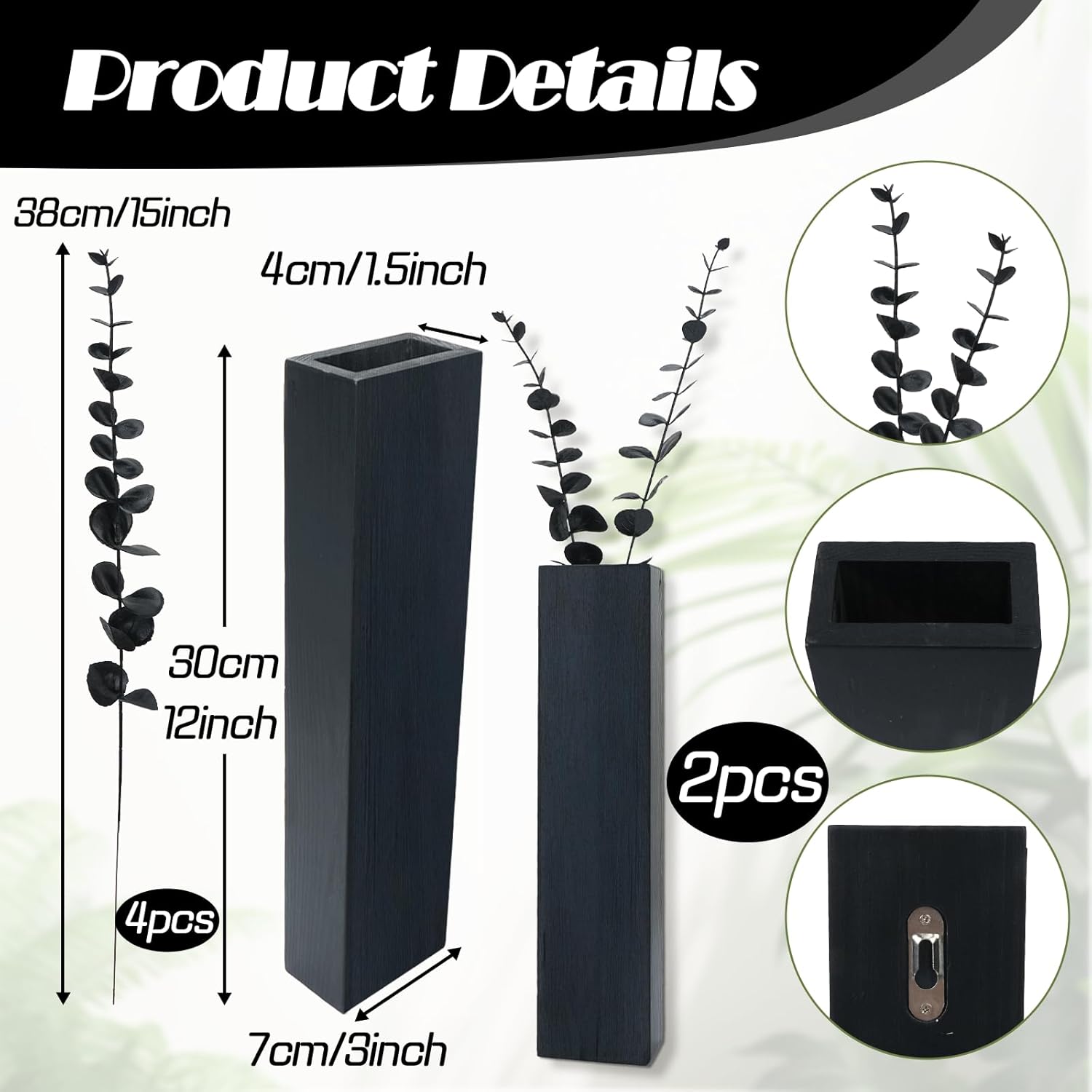 2Pack Wooden Wall Planters with Fake Eucalyptus Stems