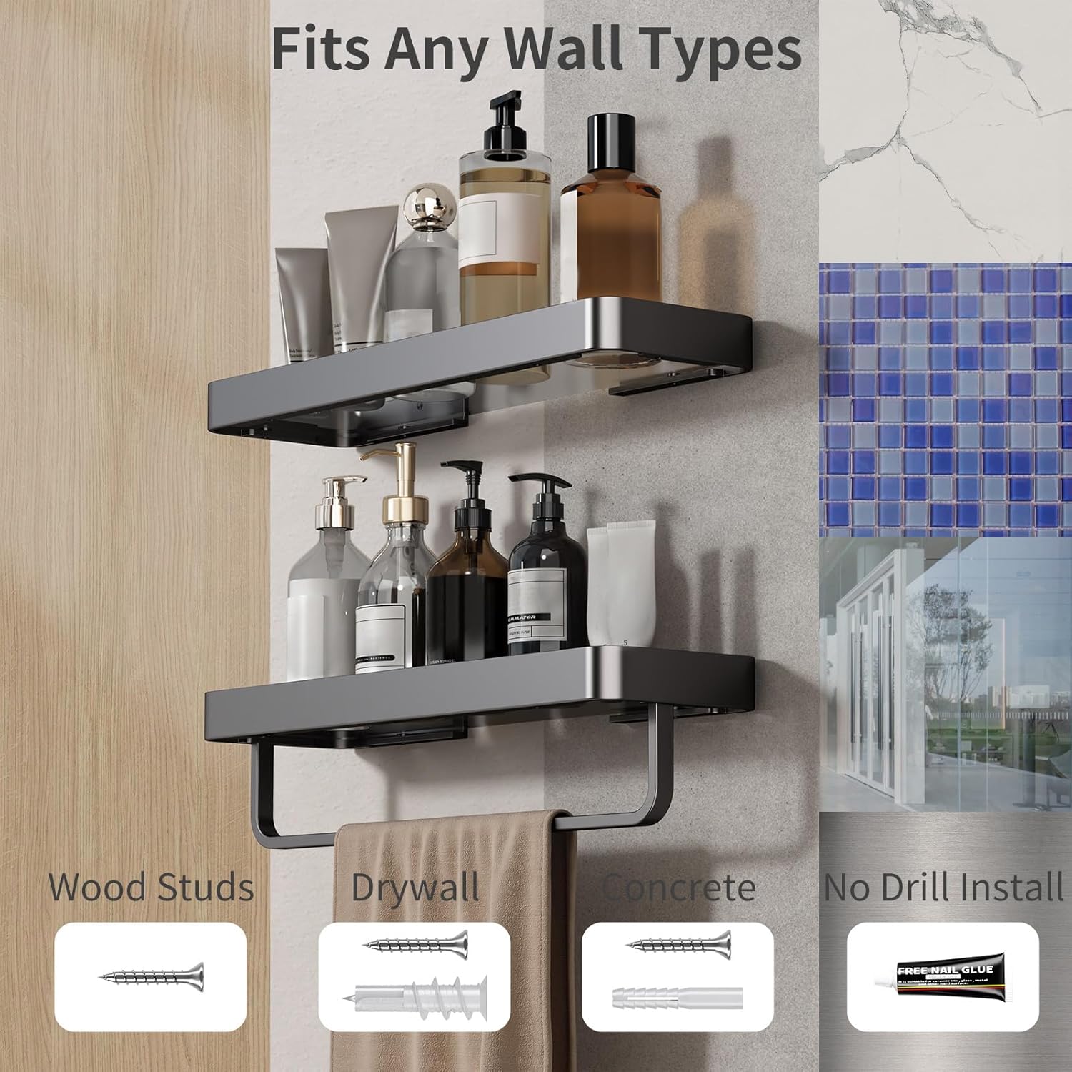 Danpoo 16 Inch Black Floating Bathroom Shelves with Towel Bar and Clear Tempered Glass 2 Pack