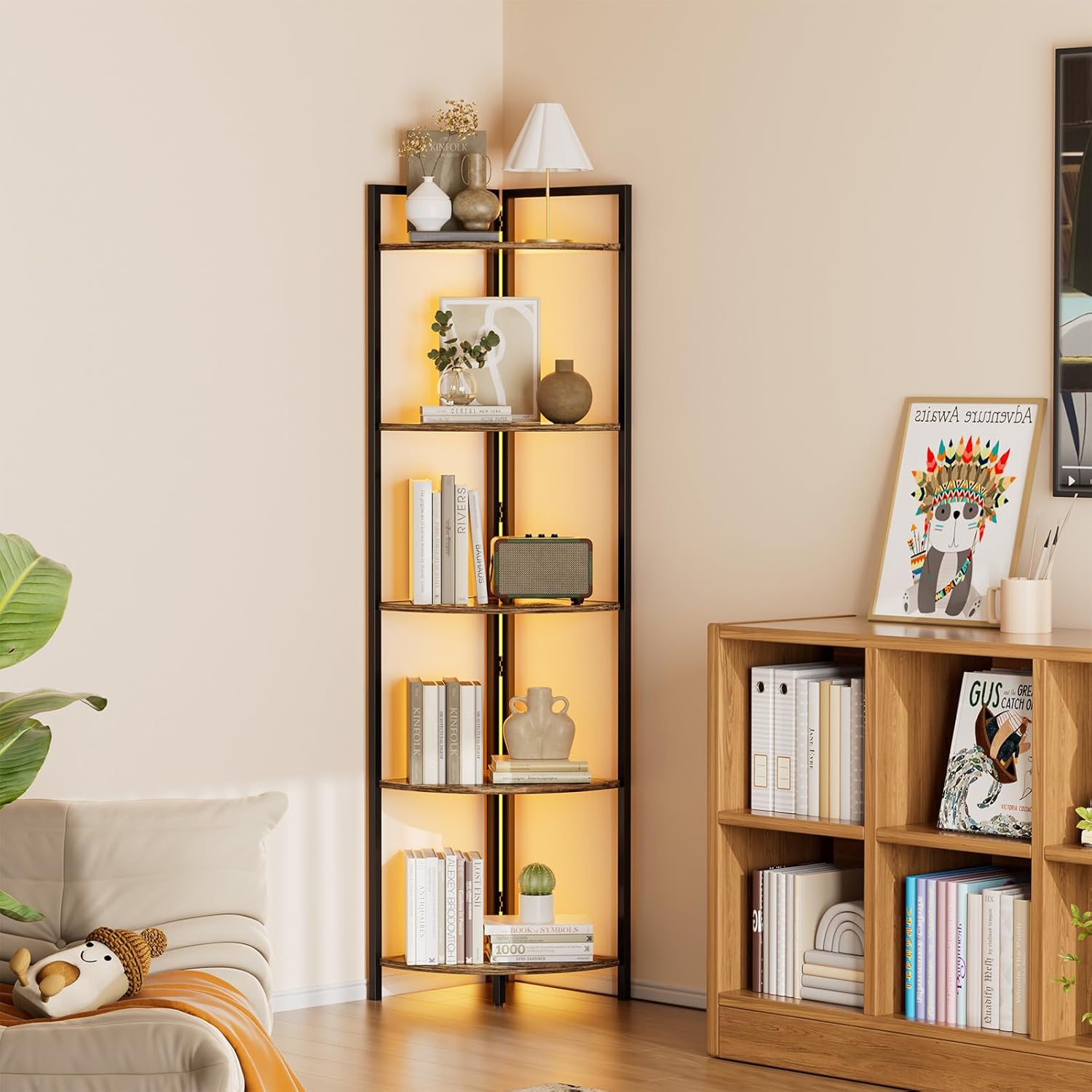 Rustic Brown Corner Shelf with LED Lighting