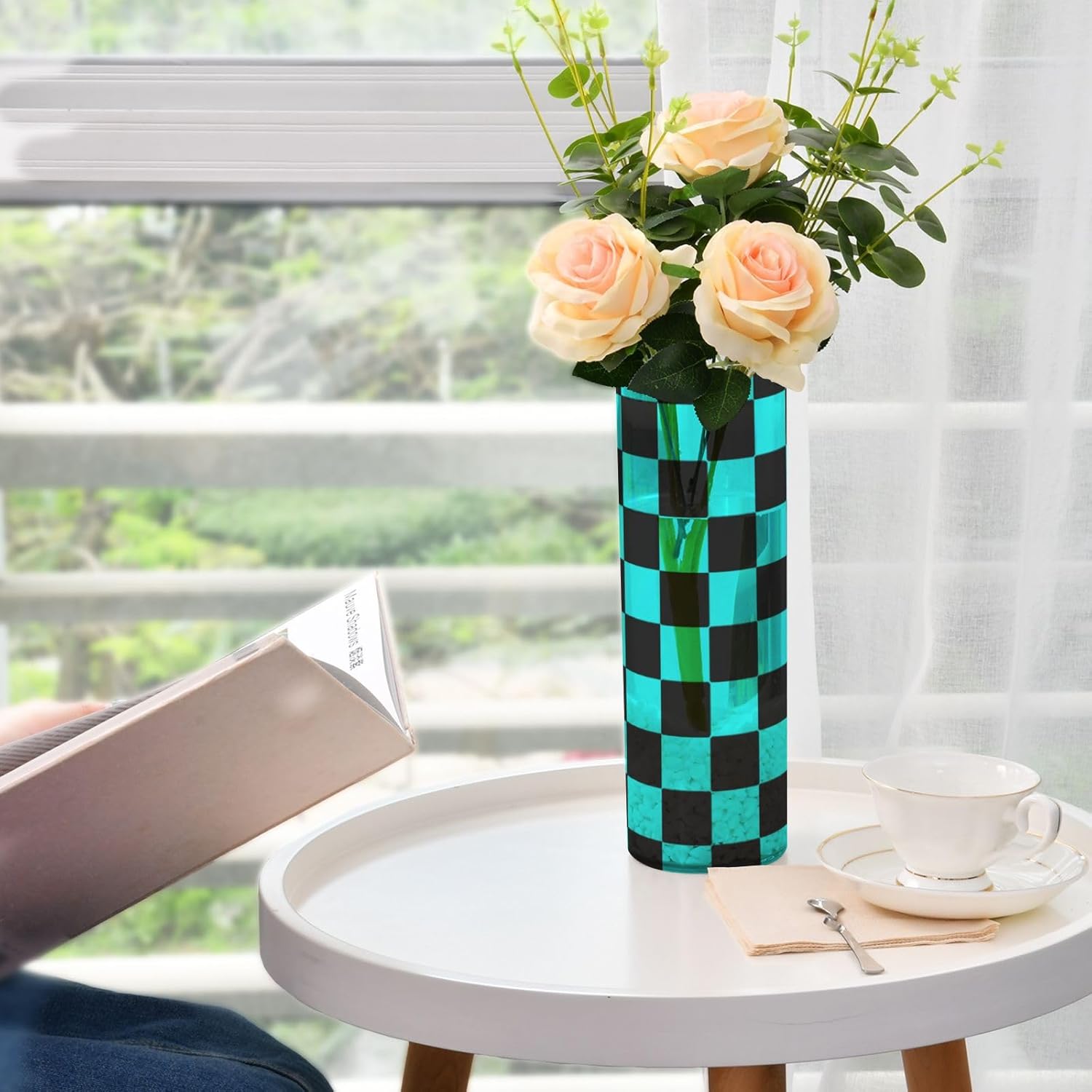 Buffalo Plaid Check Black Cyan Cylinder Vase 118 x 39 Inch