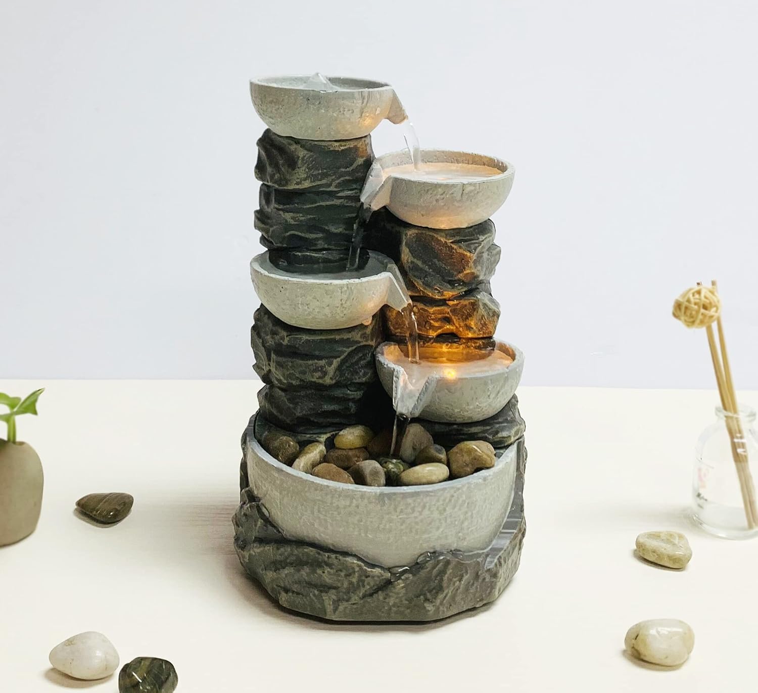 Natures Mark 9 Inch 5 Tiered Rock Bowl Water Fountain with LED Lights