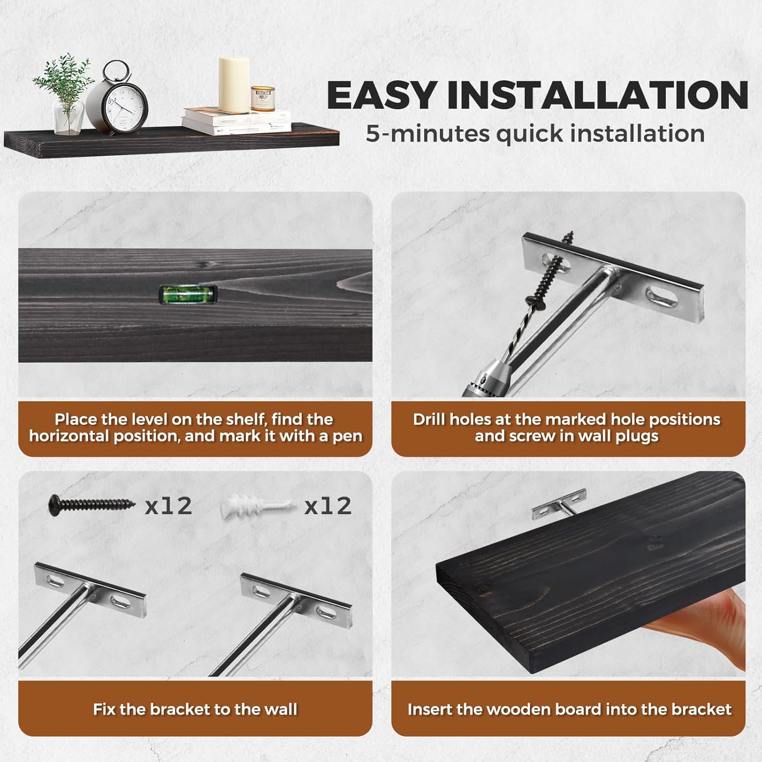 Floating Wall Shelves 3-Pack - 24 Inch Rustic Black Wooden Shelves for Space Saving Storage and Dcor