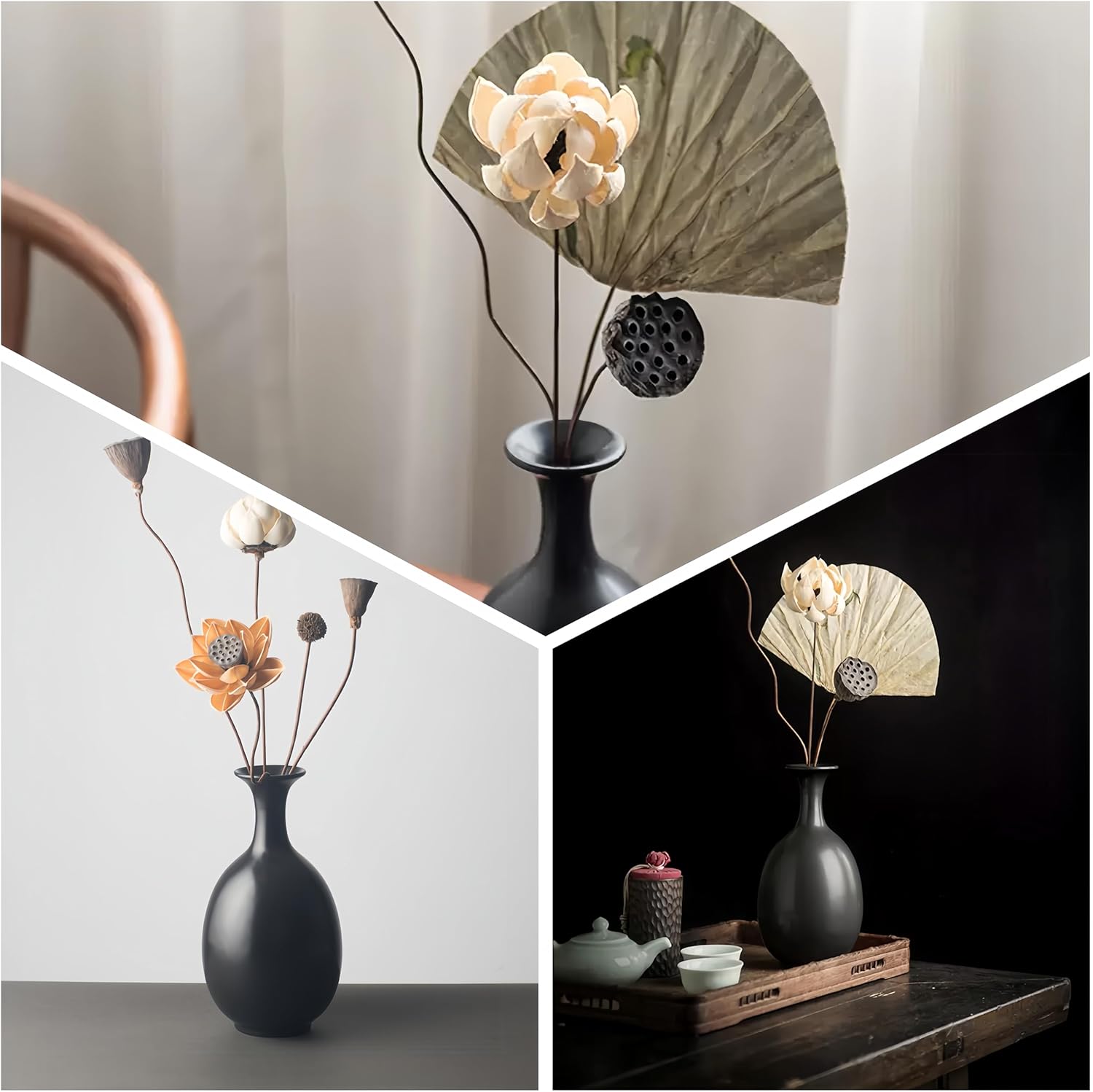 Black Ceramic Vase with Dried Flowers for Home Decor